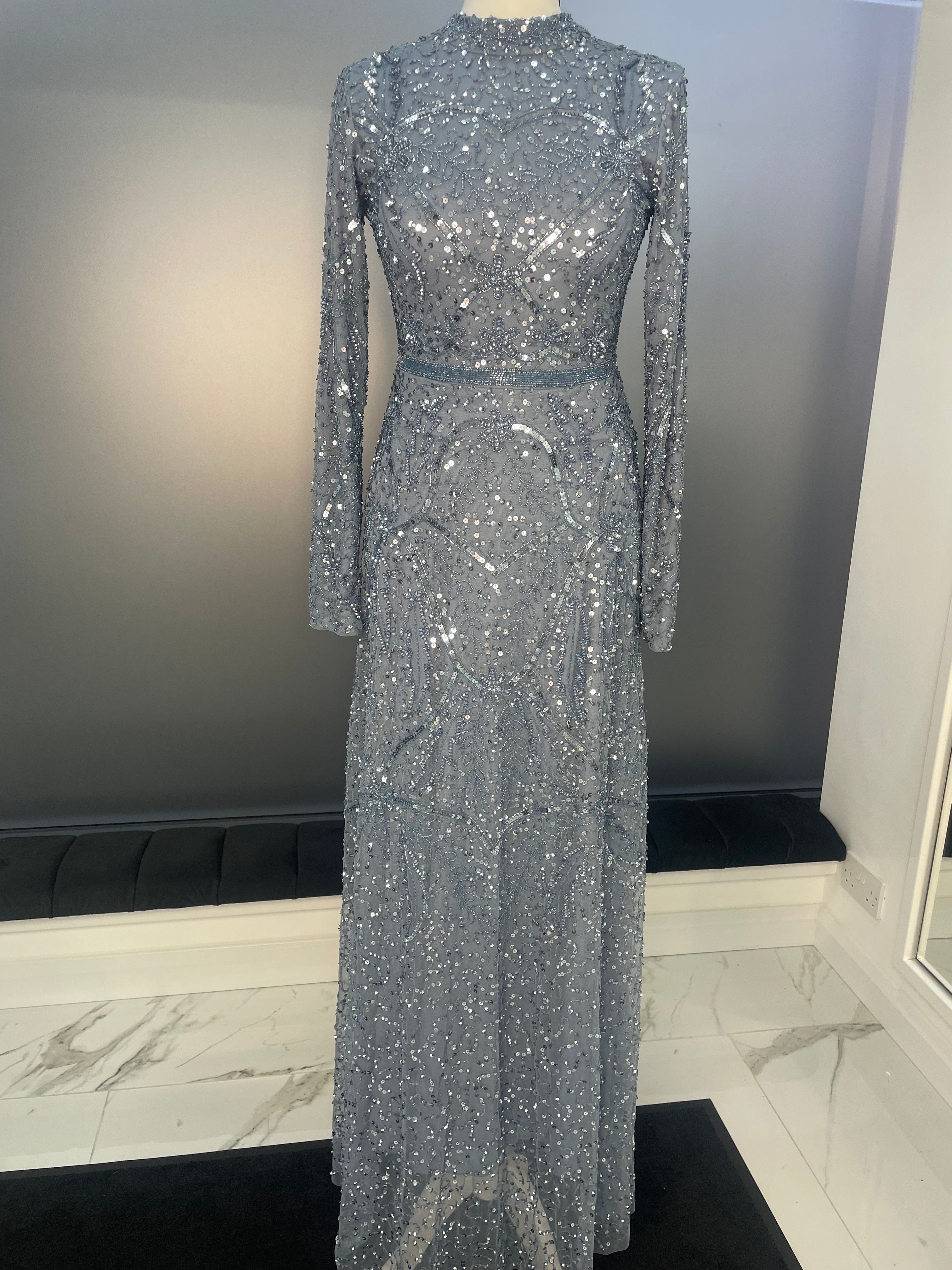 sachin and babi light blue dress Dusty Blue Modest Dress – Dressline Arabia
