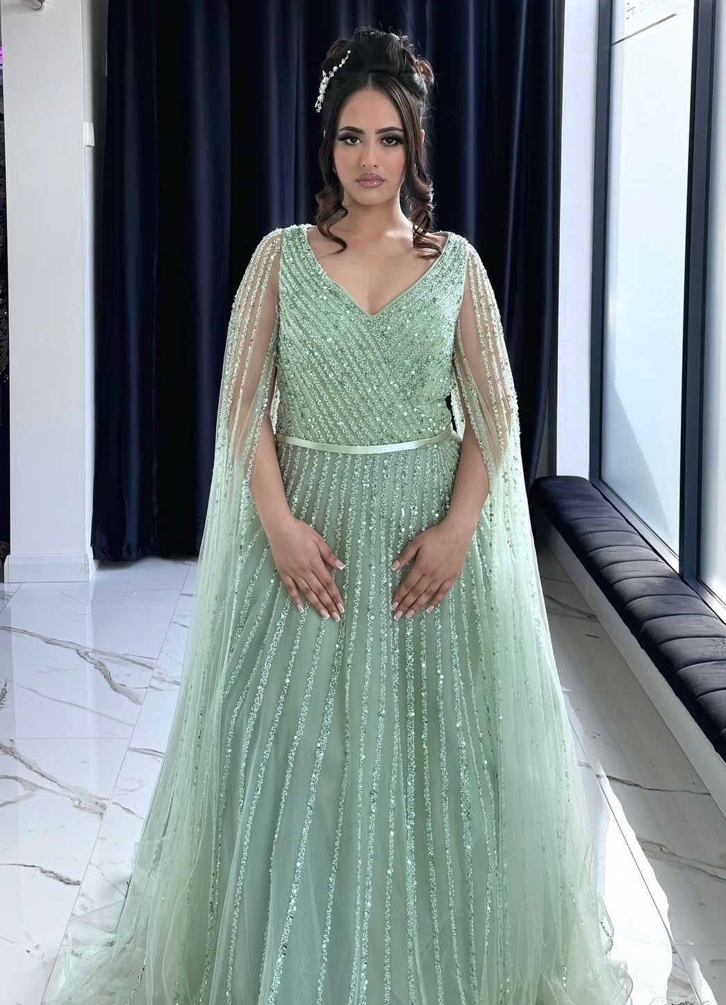 sage green cape dress Linden | Light Green Bodycon Cape-Sleeve Midi Dress
