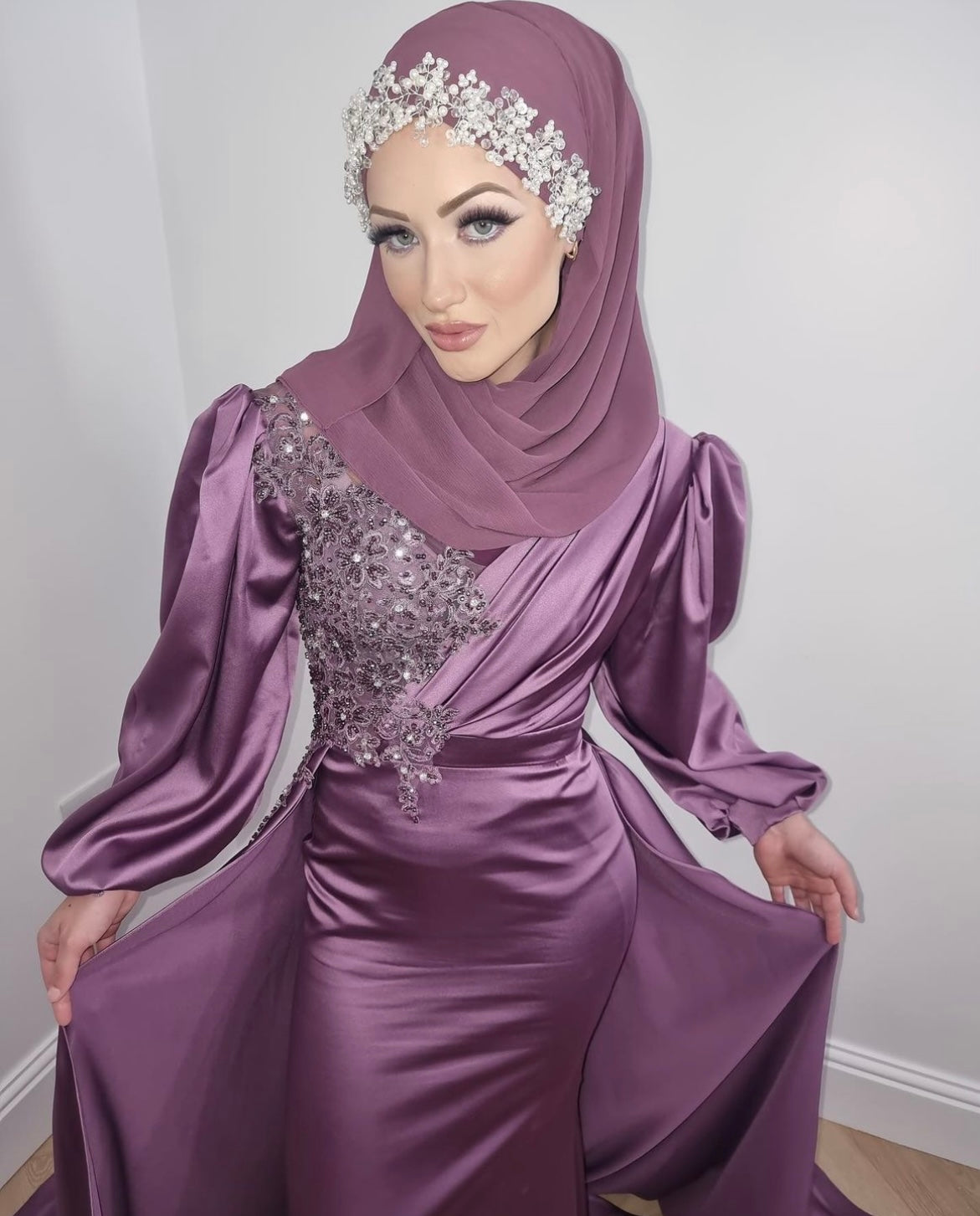 Long sleeve satin dress with overskirt