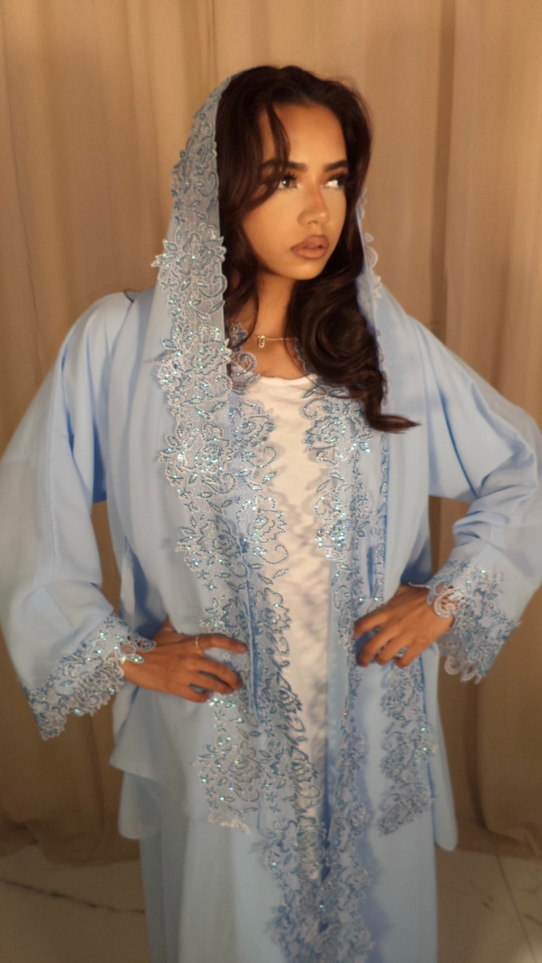 Baby Blue Double Chiffon Abaya & Lace Hijab
