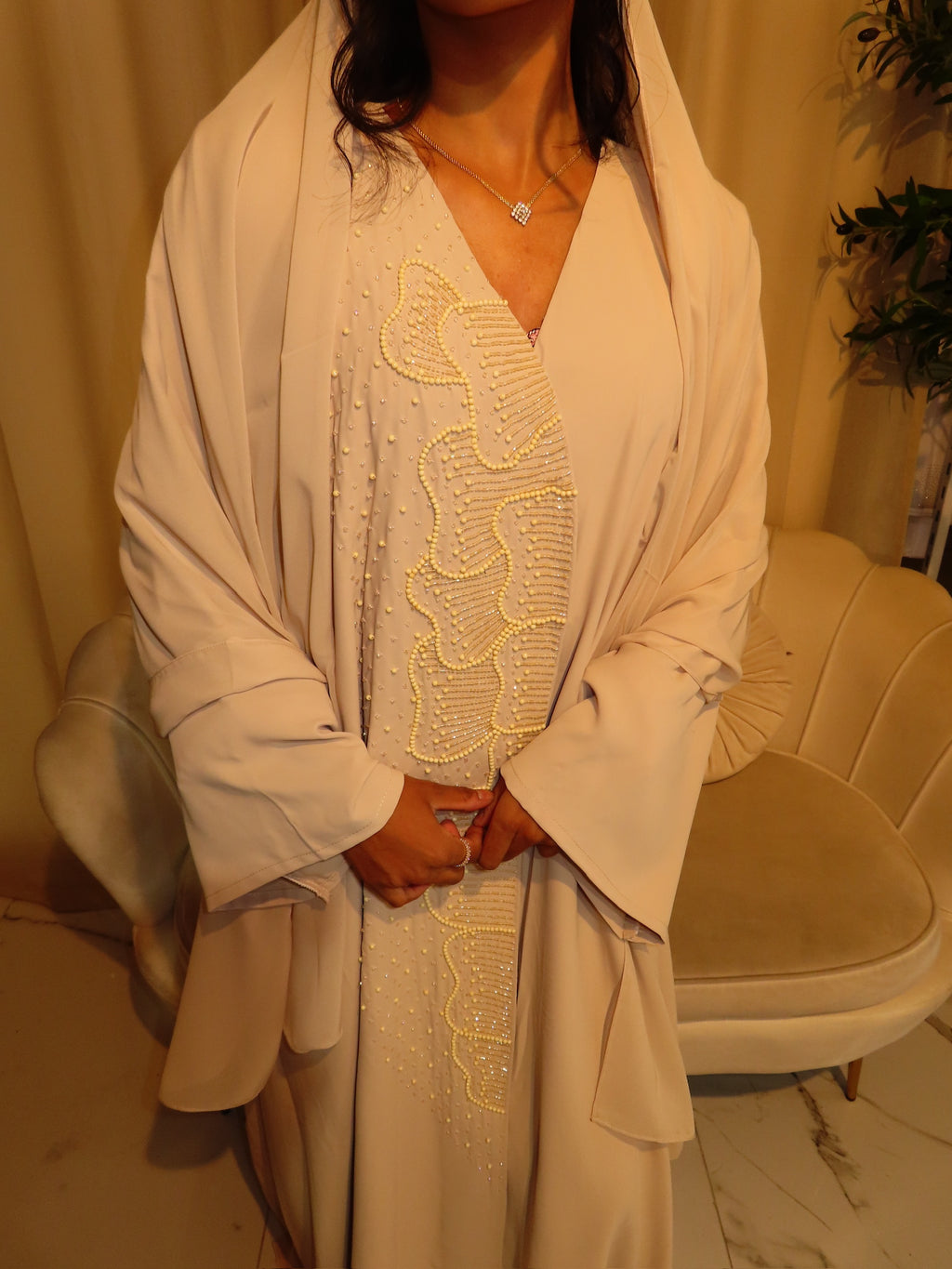 Beige Embellished Abaya & Hijab