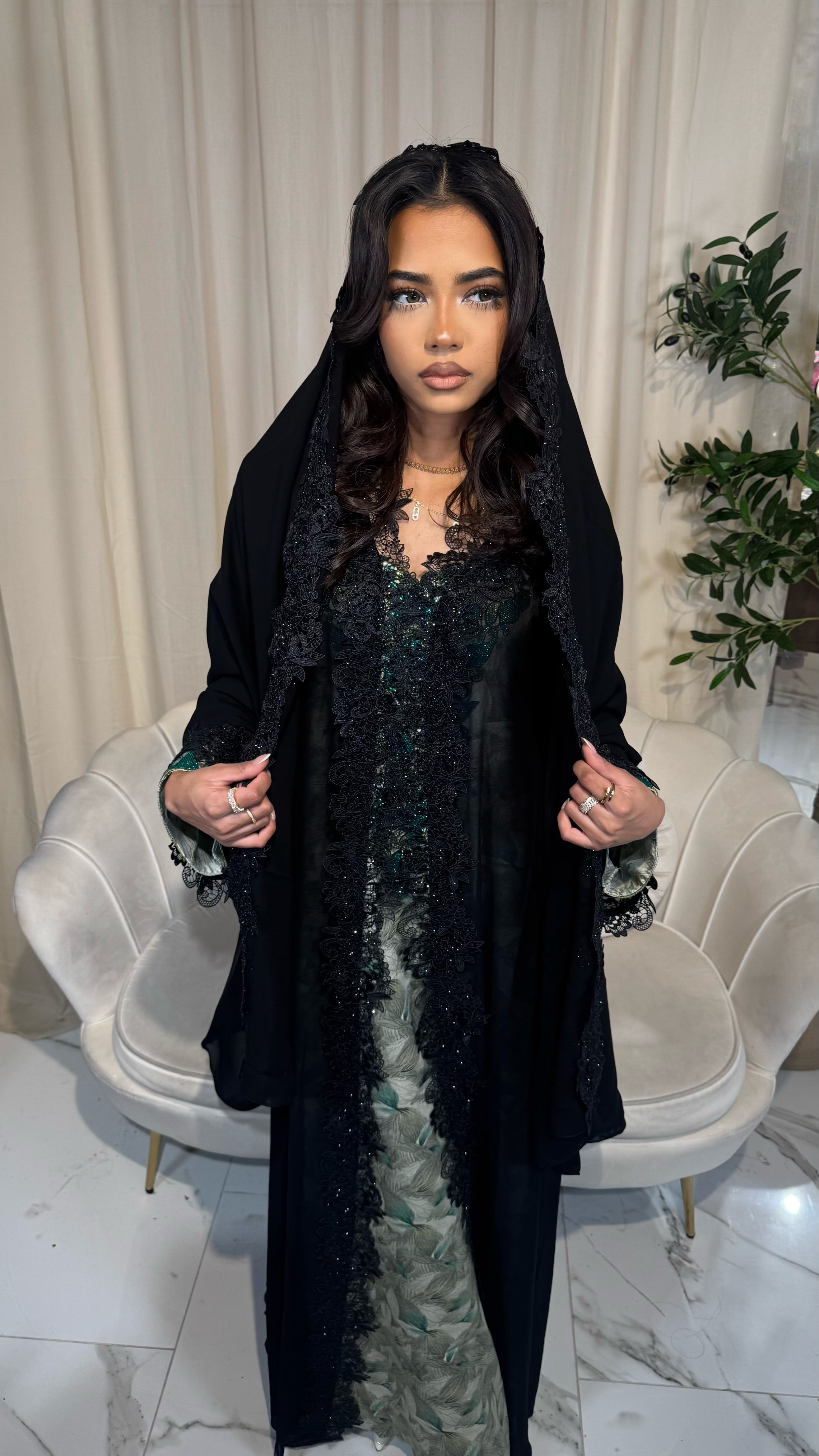 Single Chiffon Lace Abaya With Lace Hijab