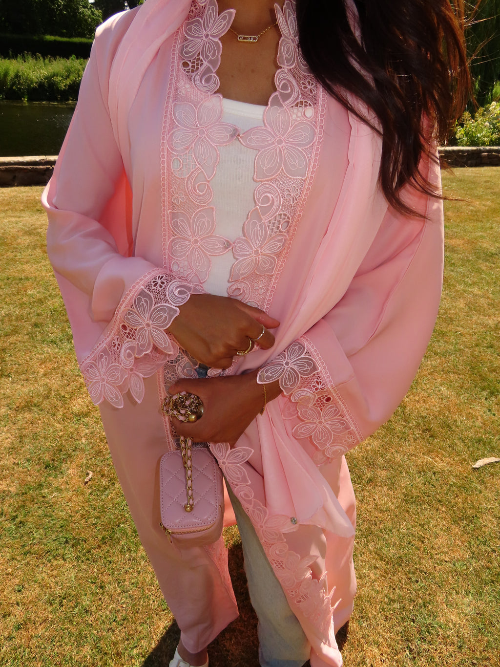 Baby Pink Flower Lace Abaya