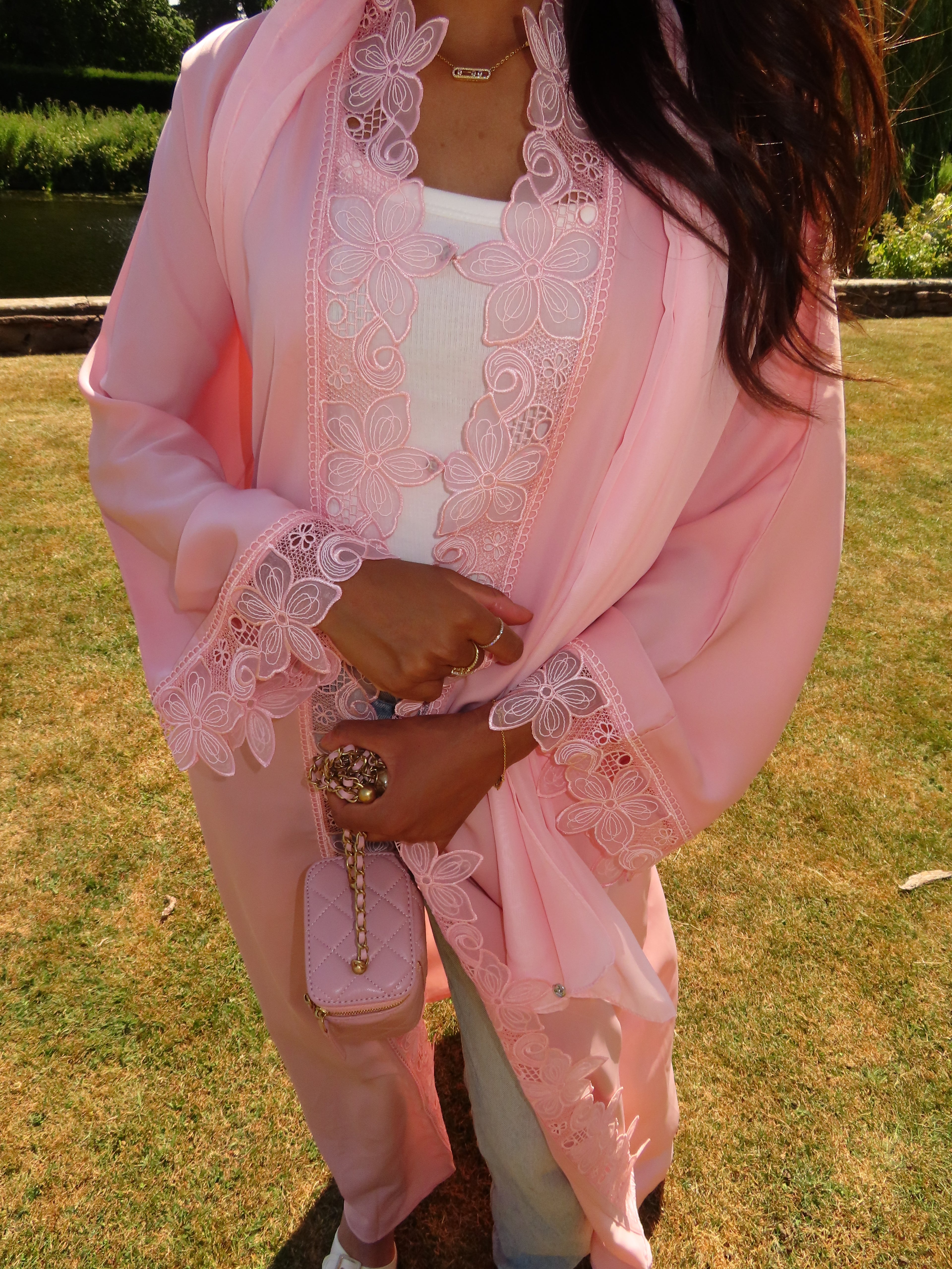 Baby Pink Flower Lace Abaya