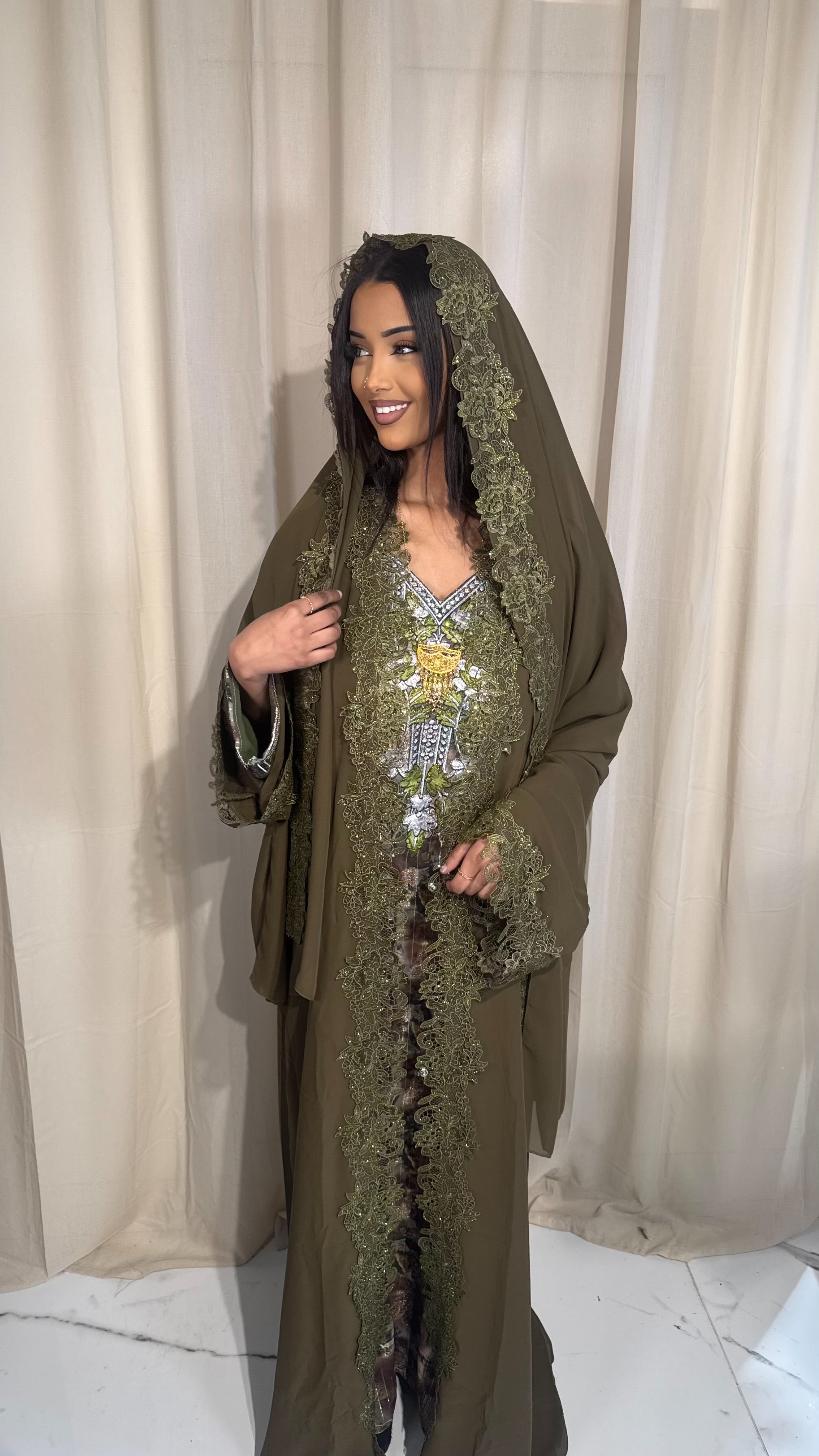 Olive Green Double Chiffon Abaya & Lace Hijab