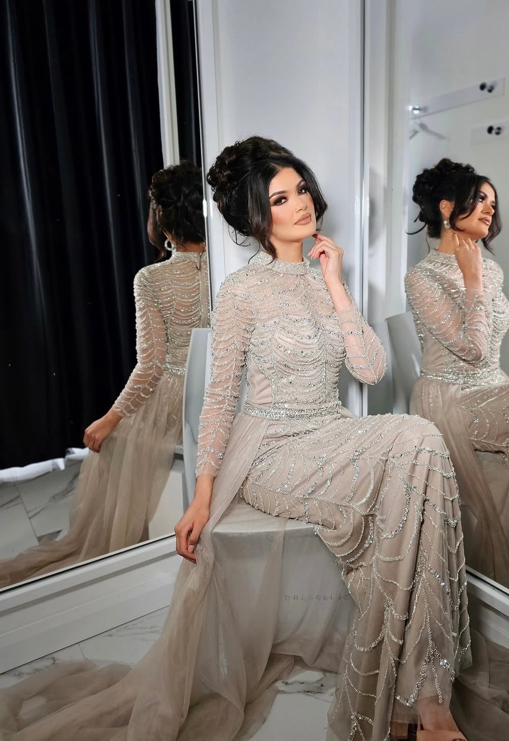 Long sleeve embellished dress with skirt