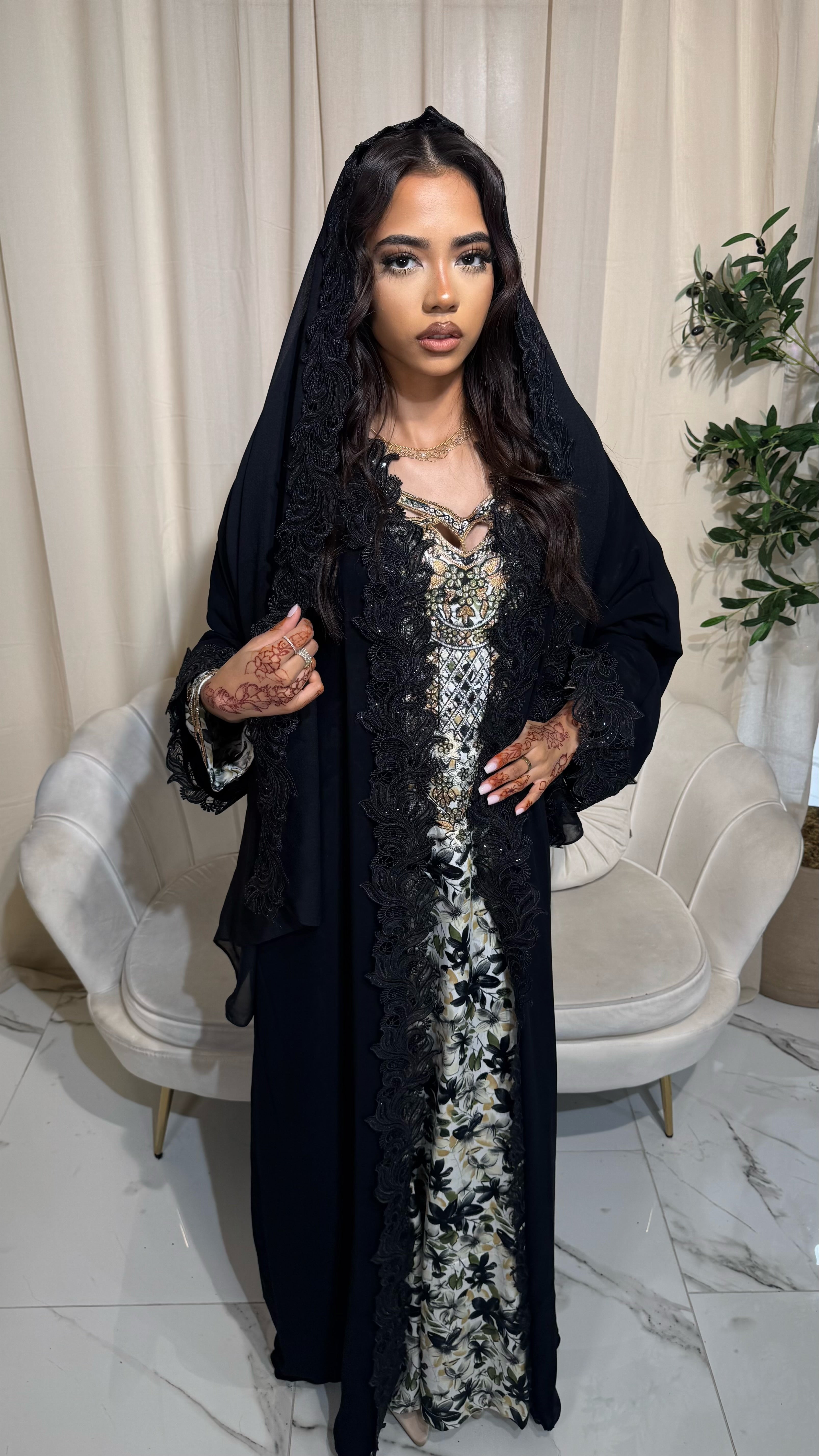 Sequin Lace Double Chiffon Abaya With Lace Hijab