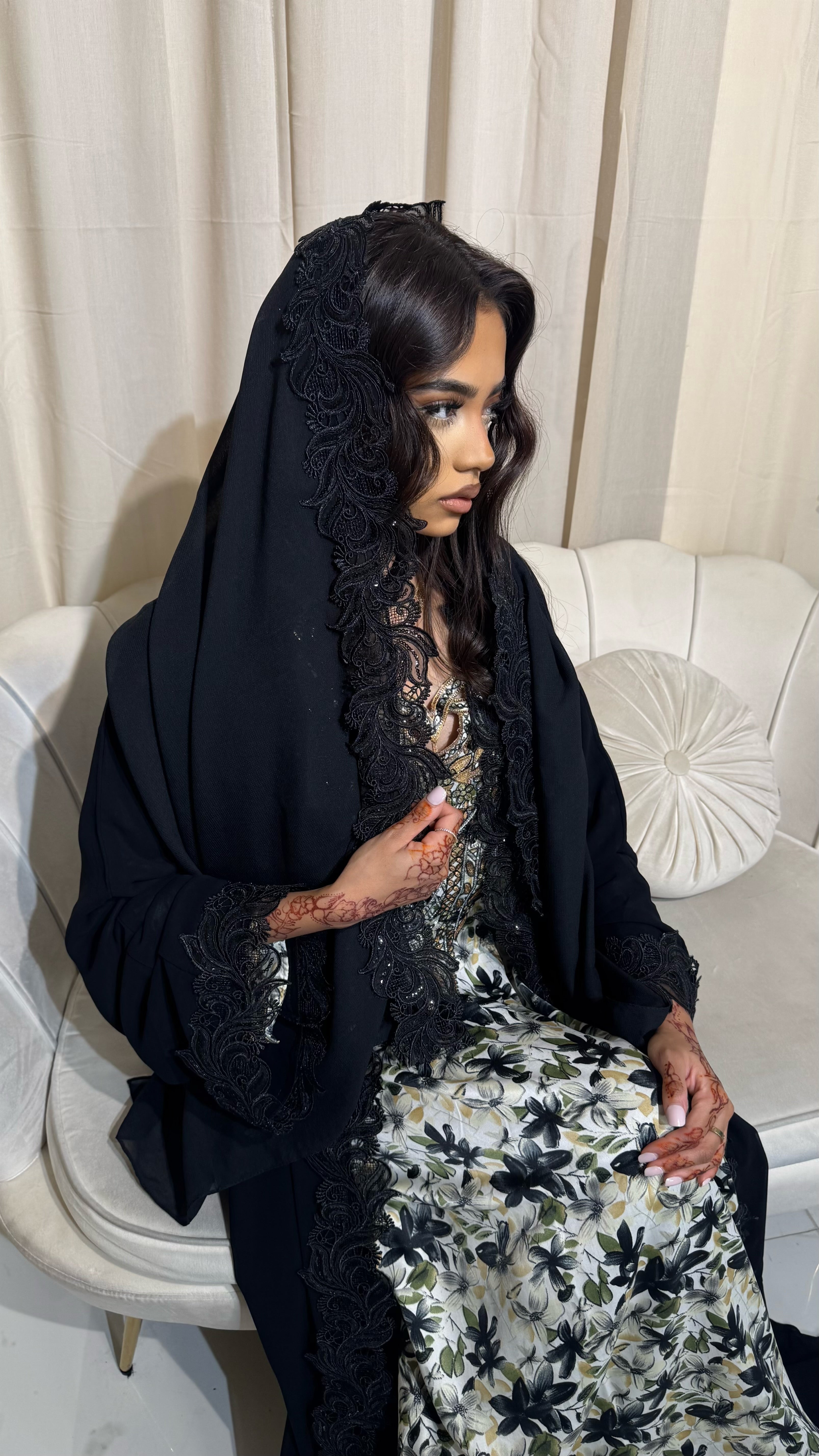 Sequin Lace Double Chiffon Abaya With Lace Hijab