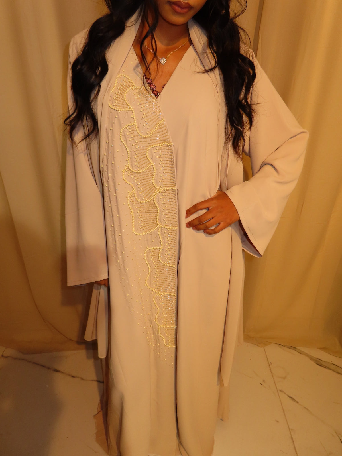 Beige Embellished Abaya & Hijab
