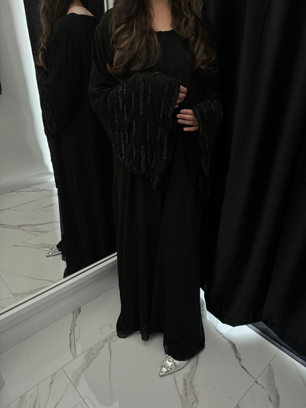 Double chiffon wide sleeve beaded Abaya