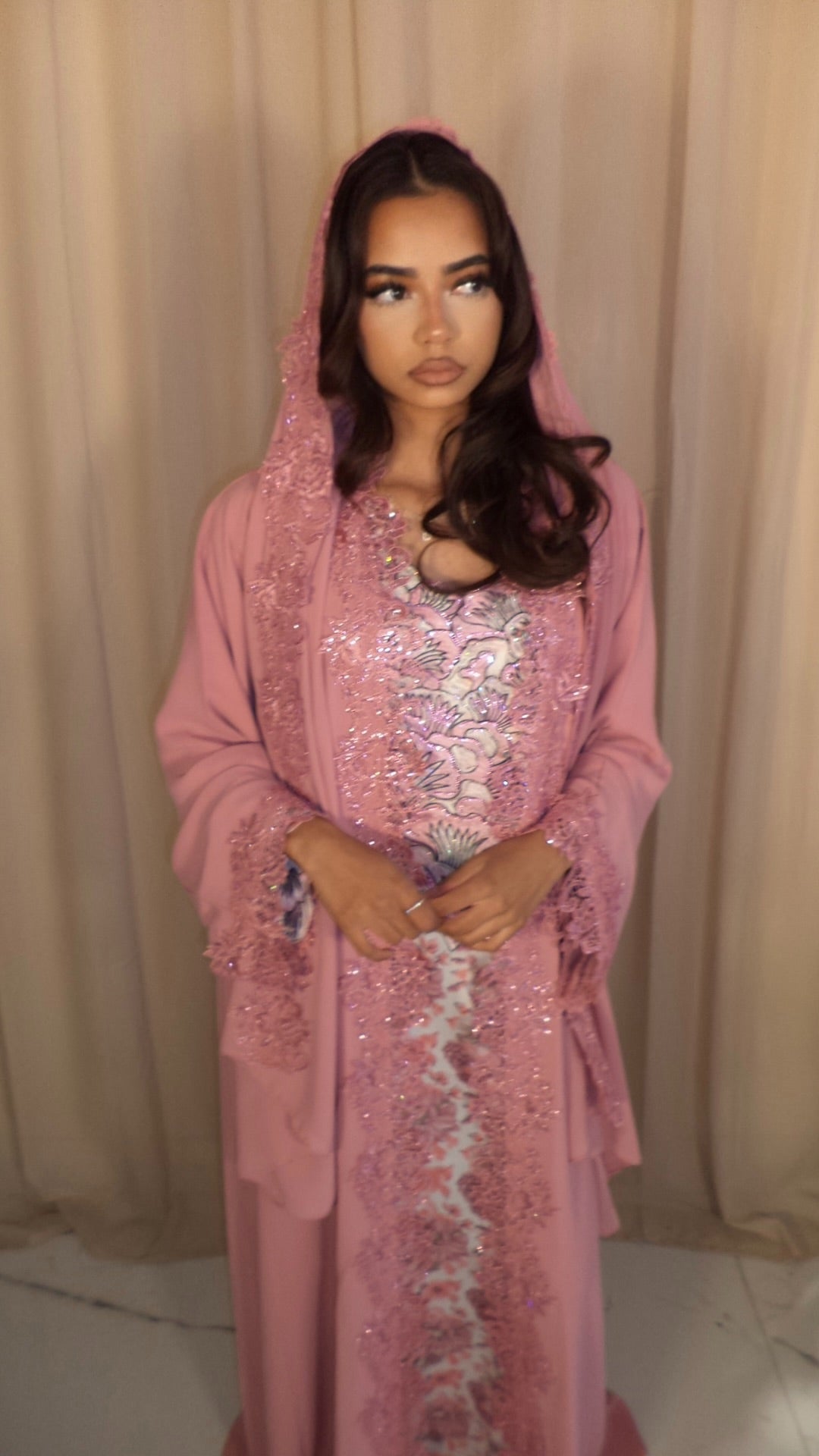 Barbie Pink Double Chiffon Abaya & Lace Hijab