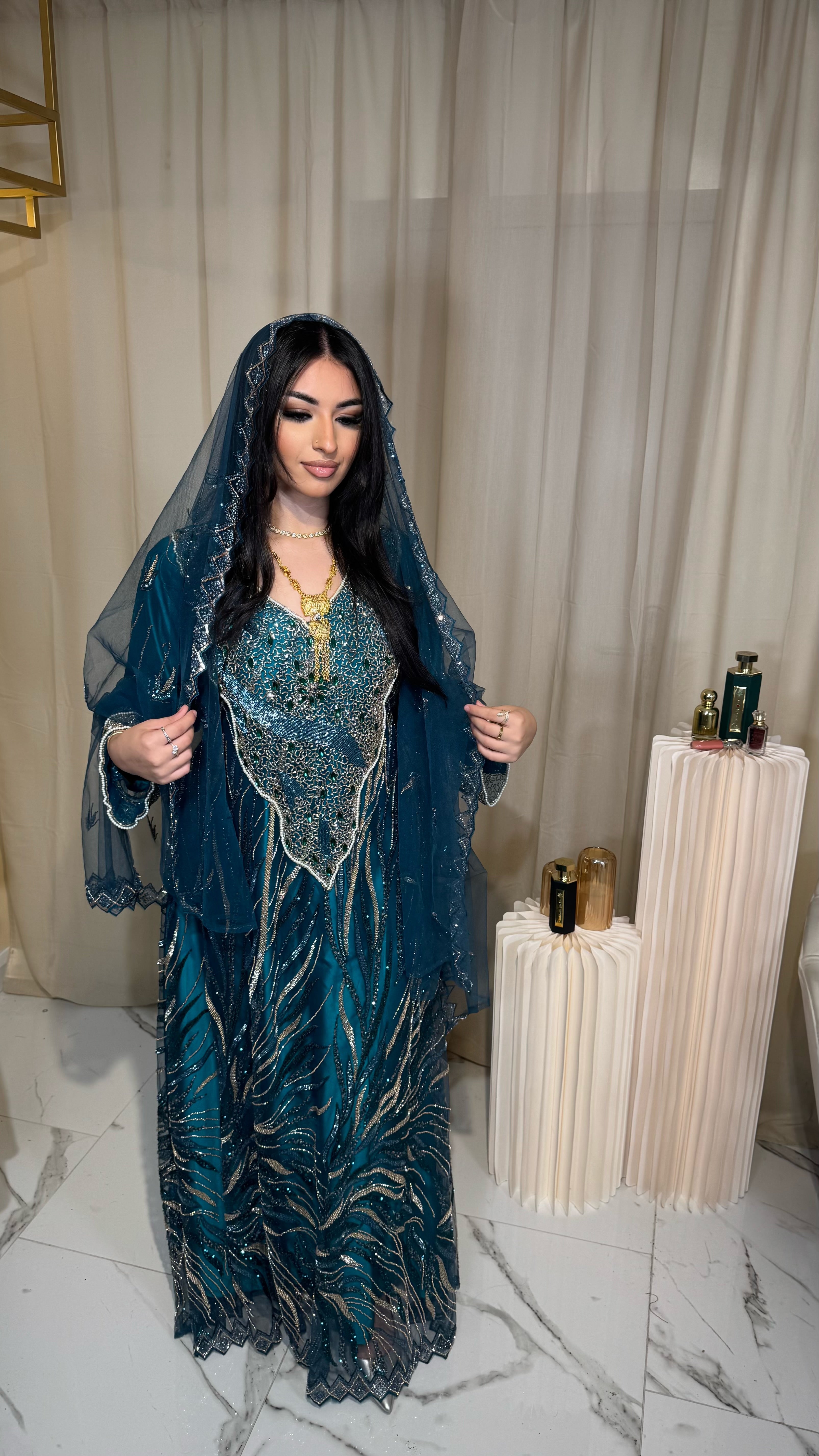 VIP Exclusive Teal Heavy Handwork Emirati Thobe With Veil