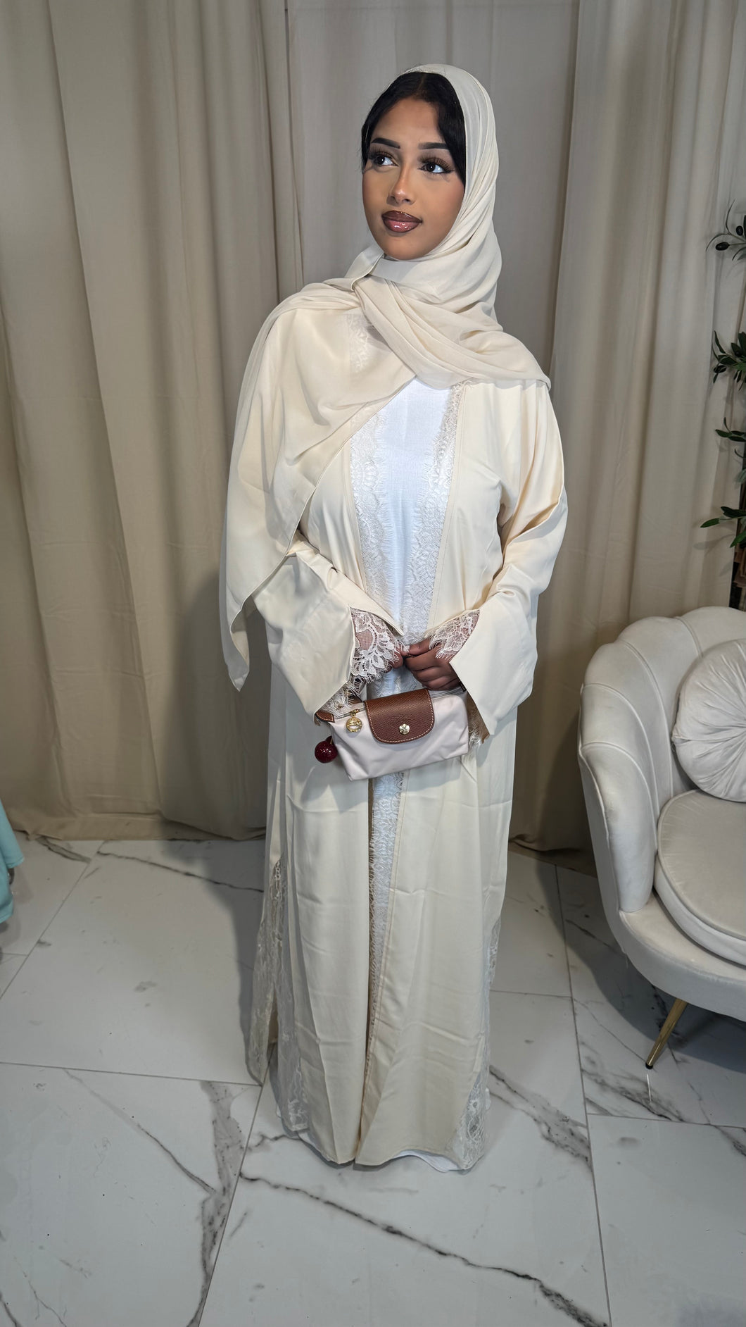 Cream Lace 3 Piece Abaya set