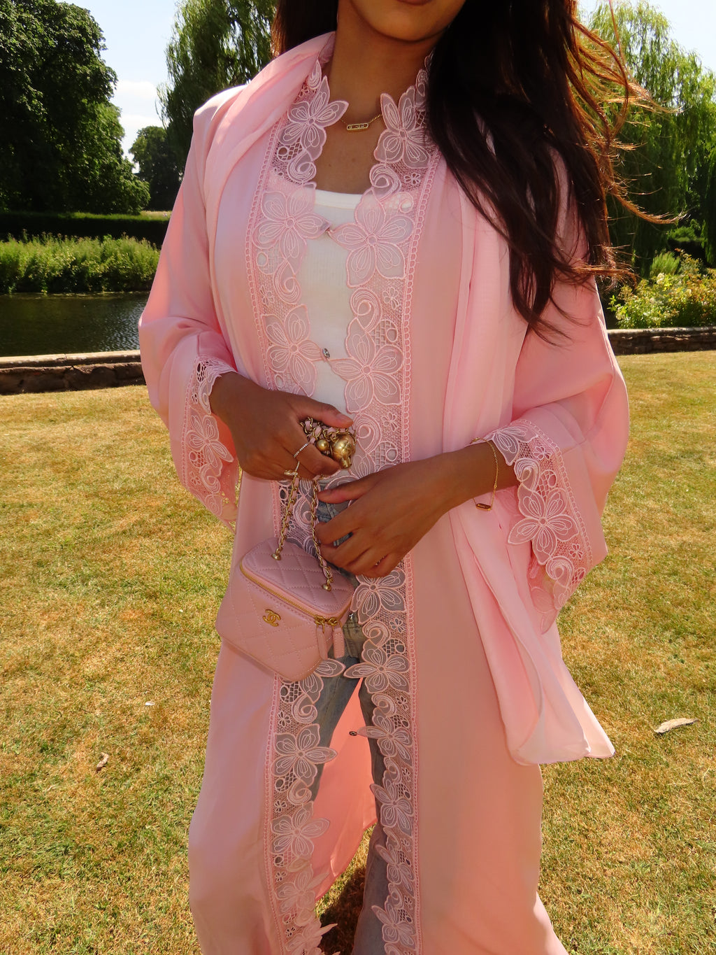 Baby Pink Flower Lace Abaya
