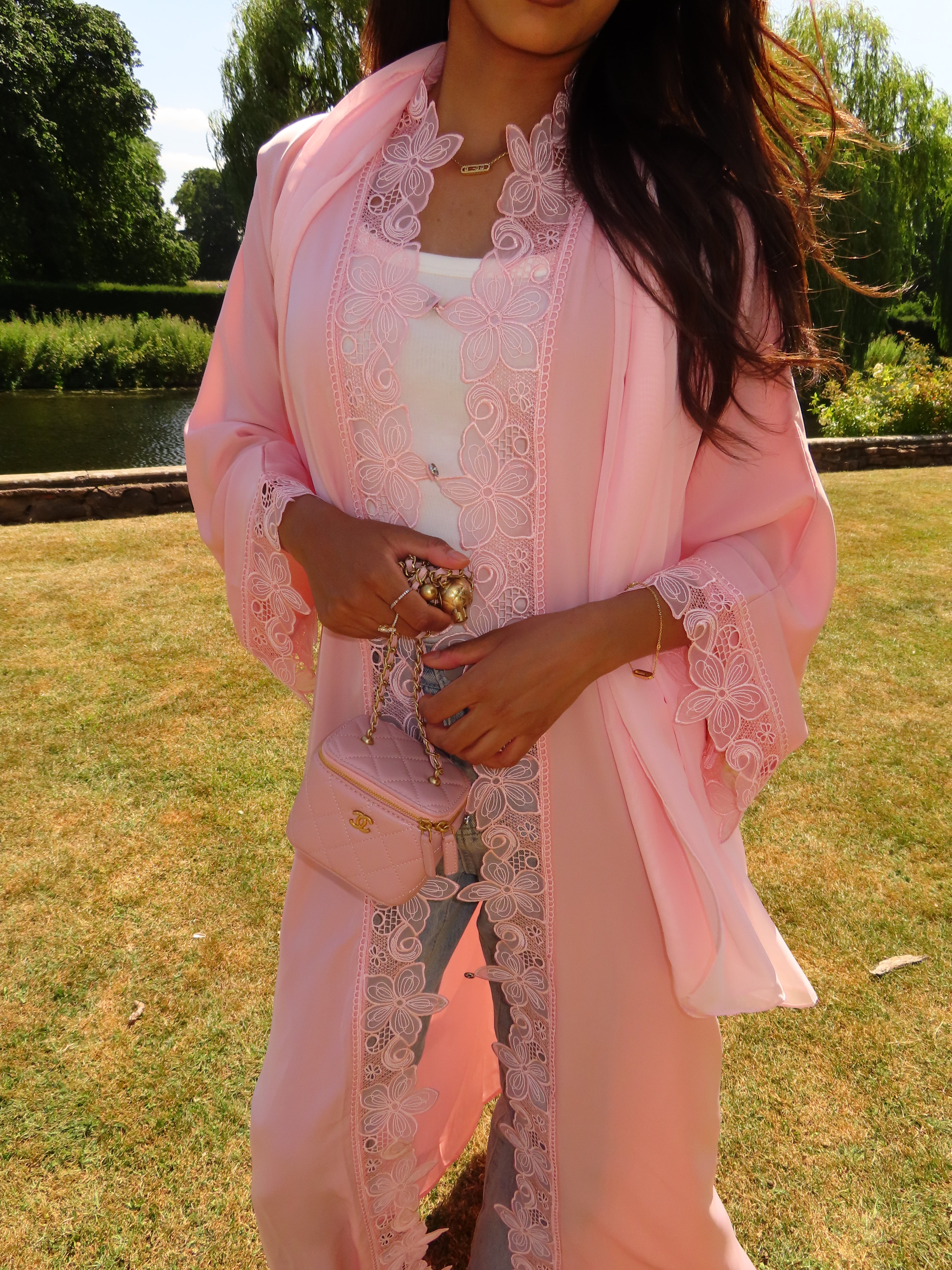 Baby Pink Flower Lace Abaya