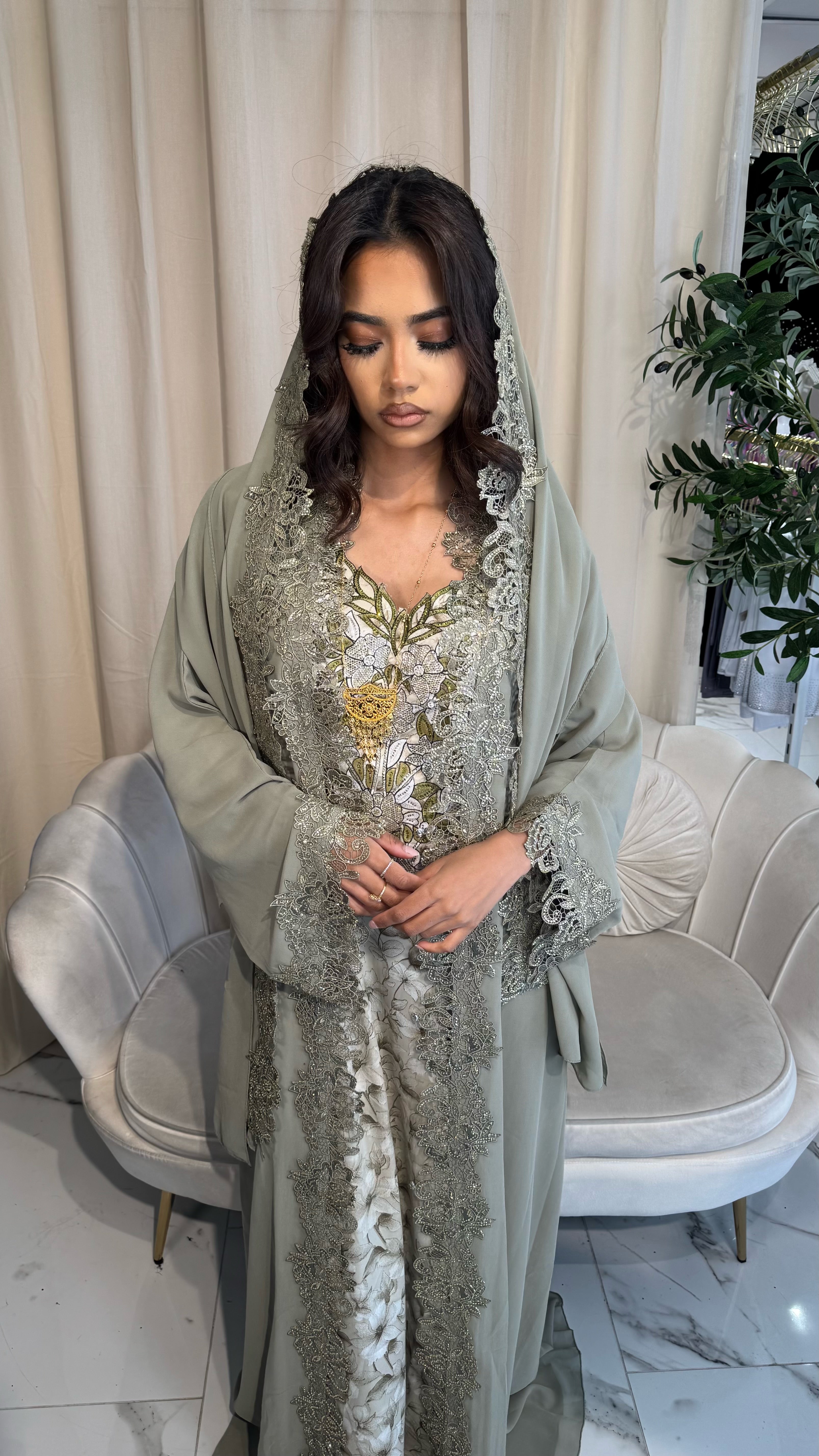 Sage Green Double Chiffon Lace Abaya & Lace Hijab