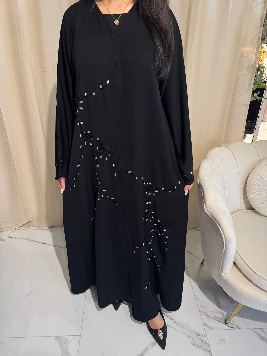 Silver & Black Beaded Abaya