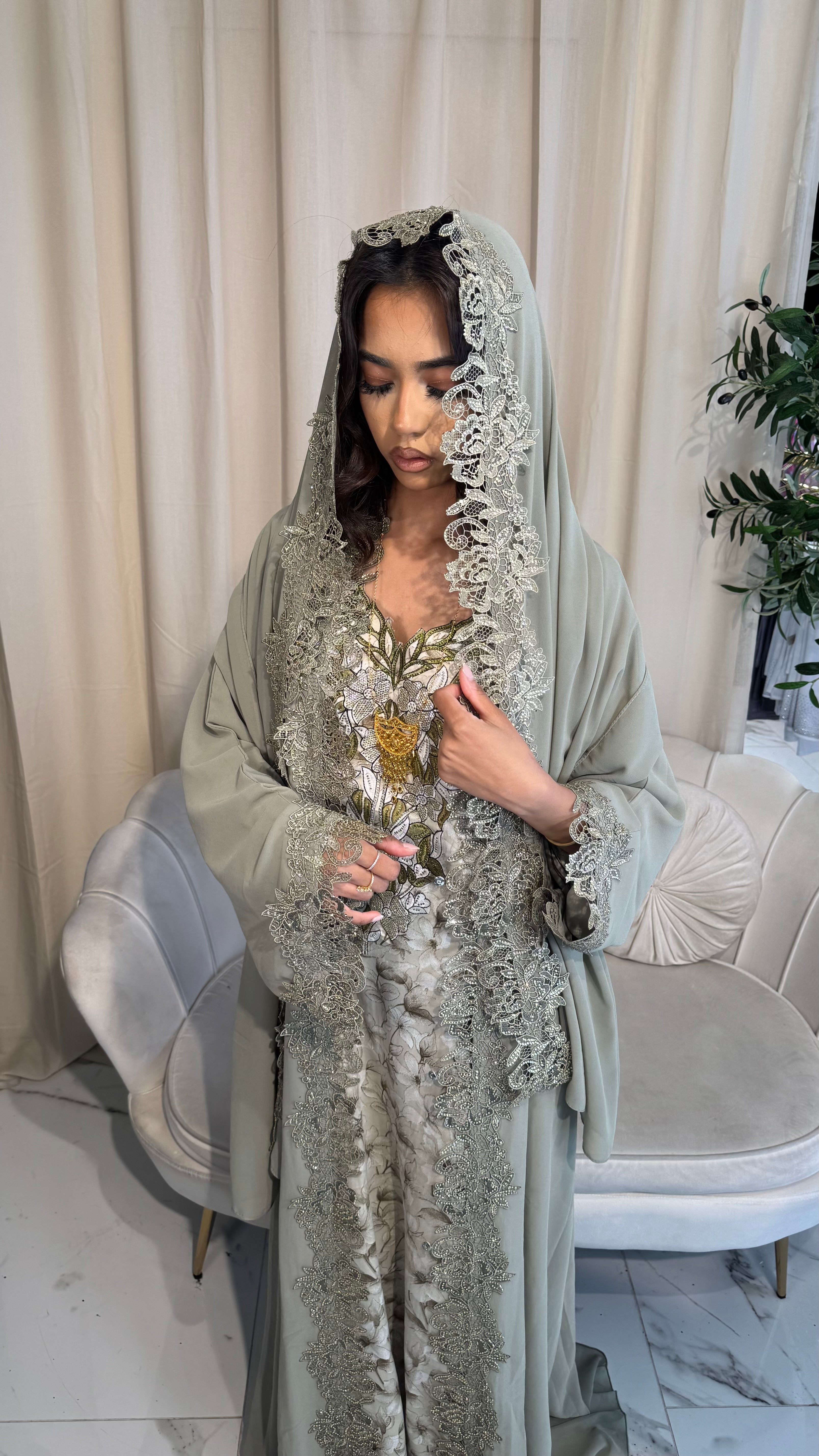 Sage Green Double Chiffon Lace Abaya & Lace Hijab