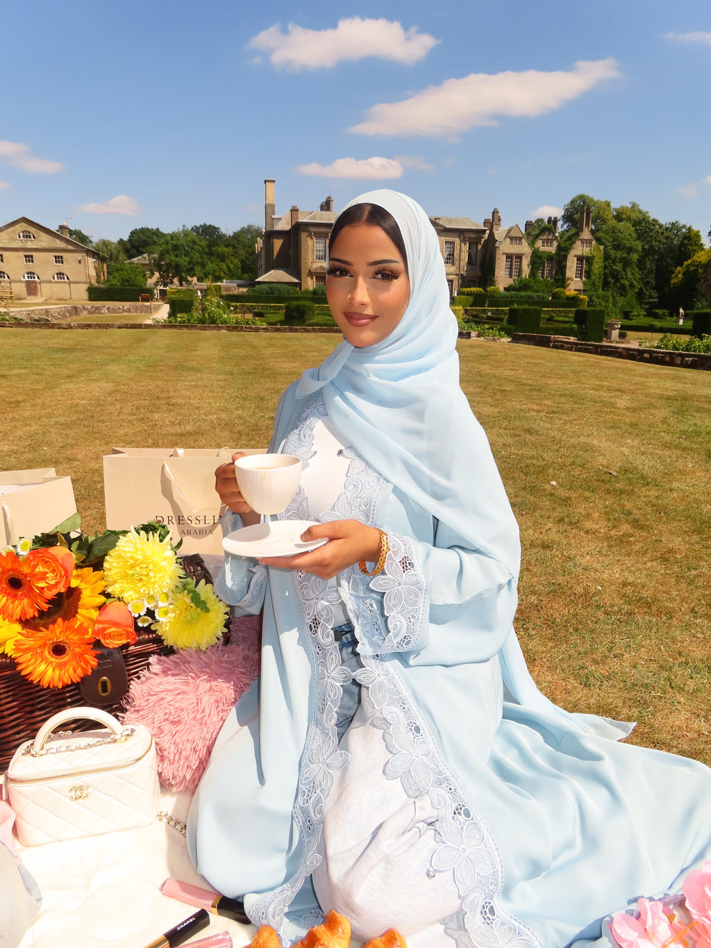 Baby Blue Flower Lace Abaya