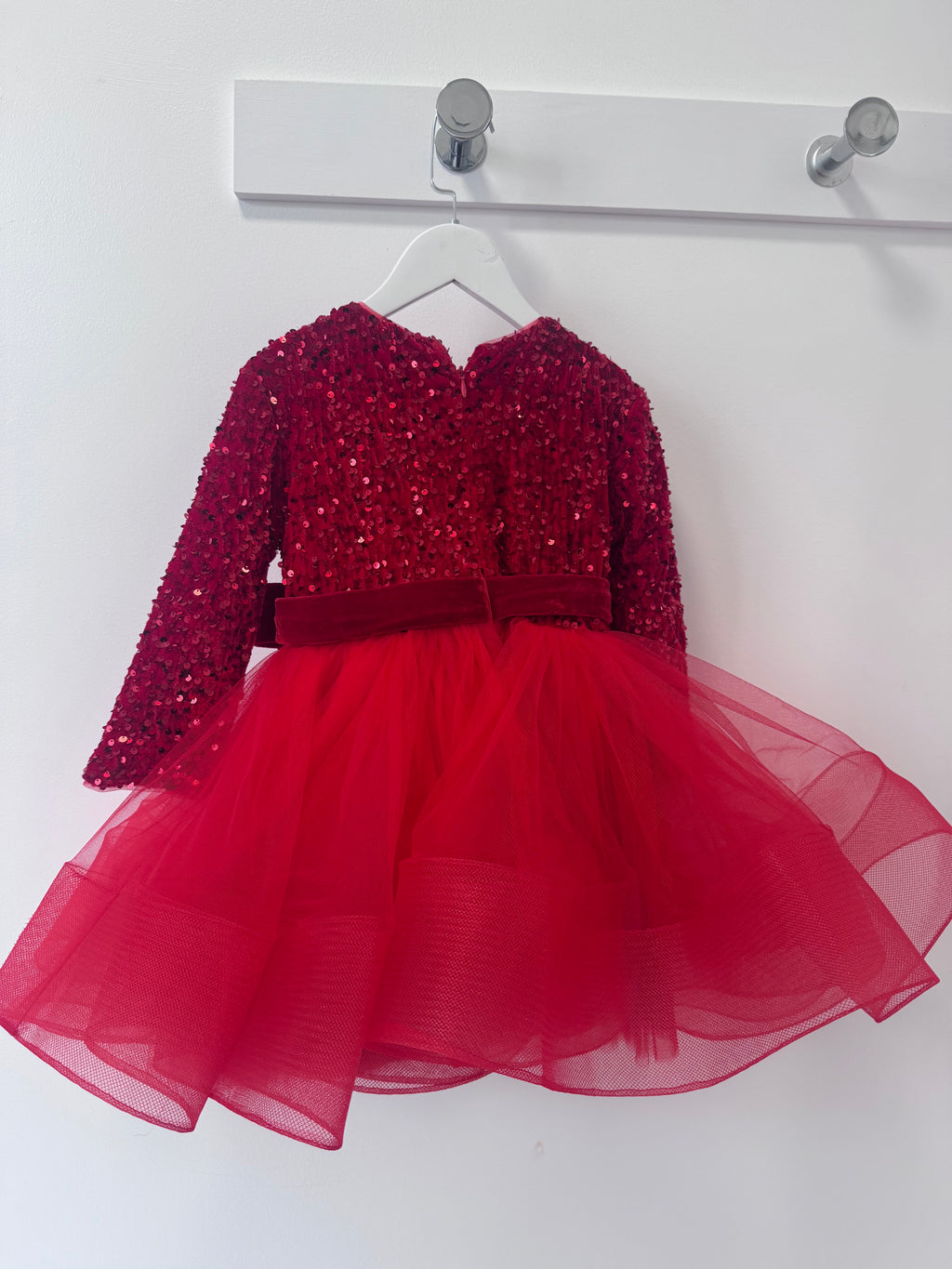 Red sequin bow tulle dress