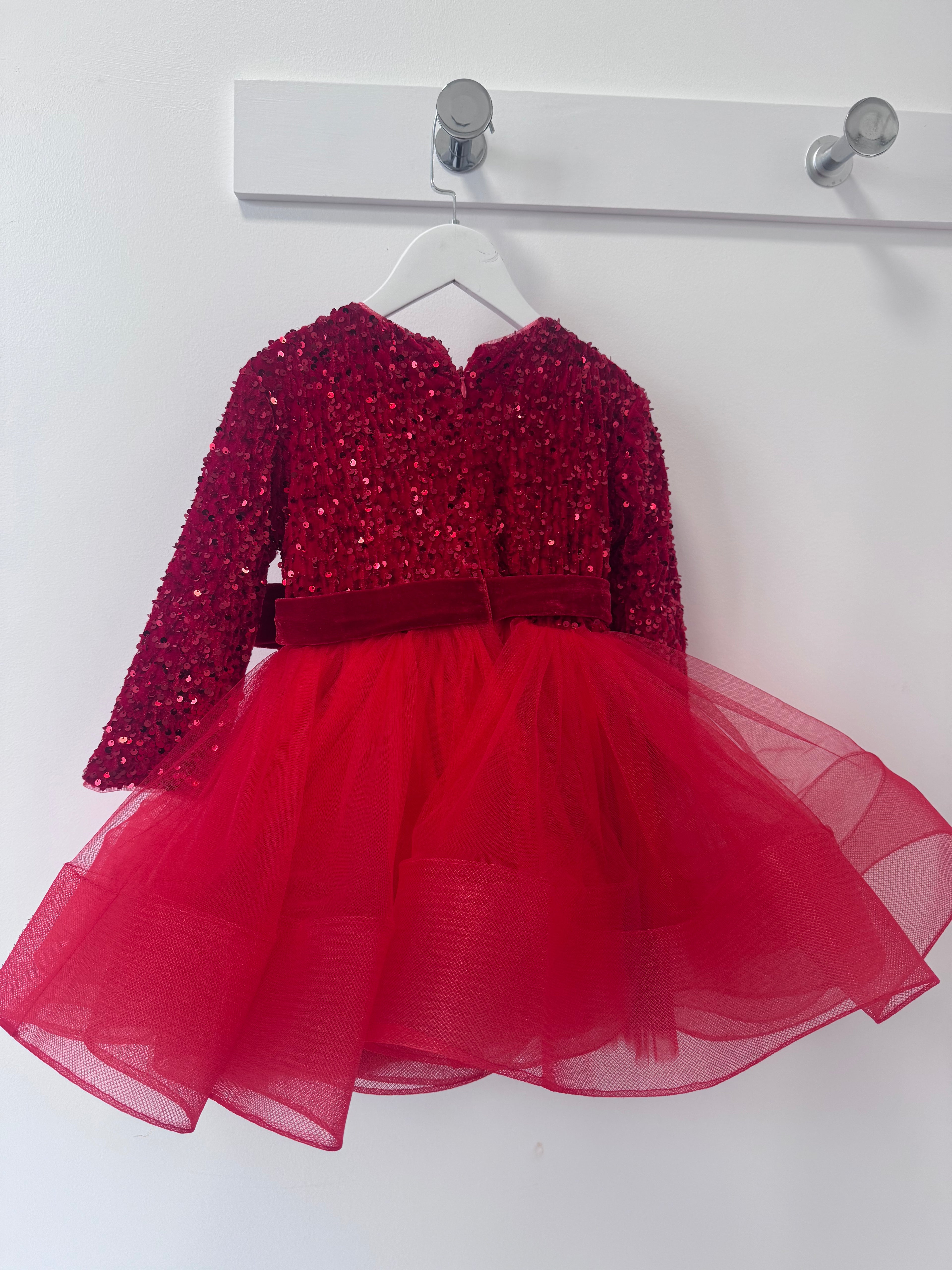 Red sequin bow tulle dress