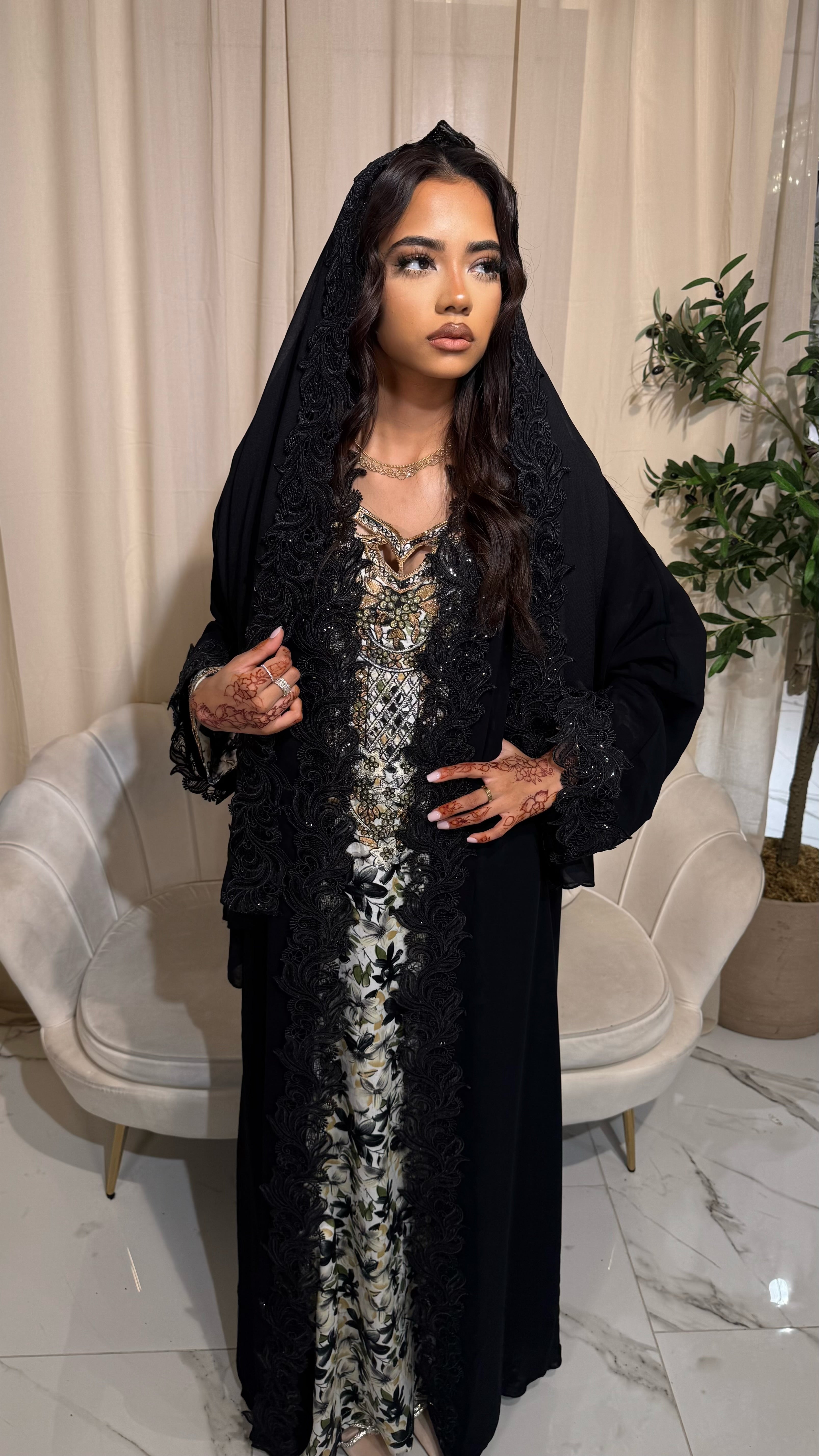Sequin Lace Double Chiffon Abaya With Lace Hijab