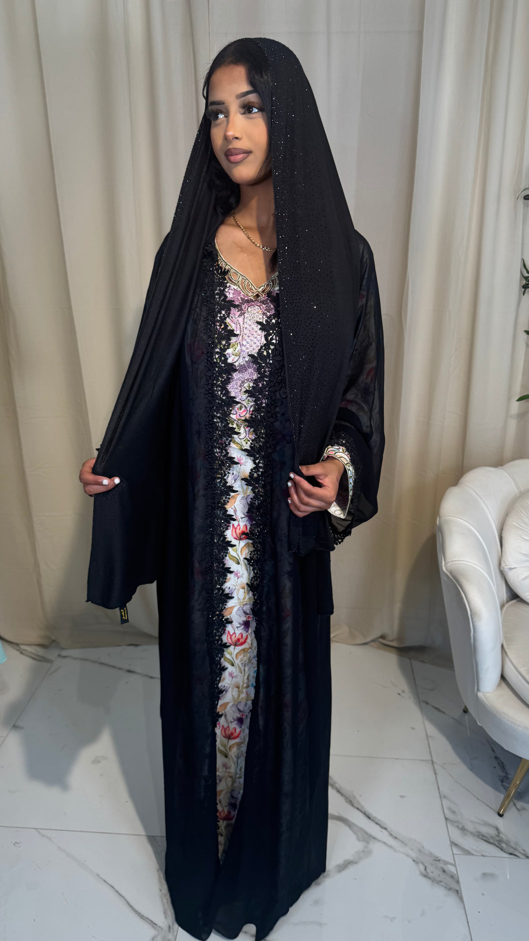 Single chiffon Abaya & Scarf (flower)