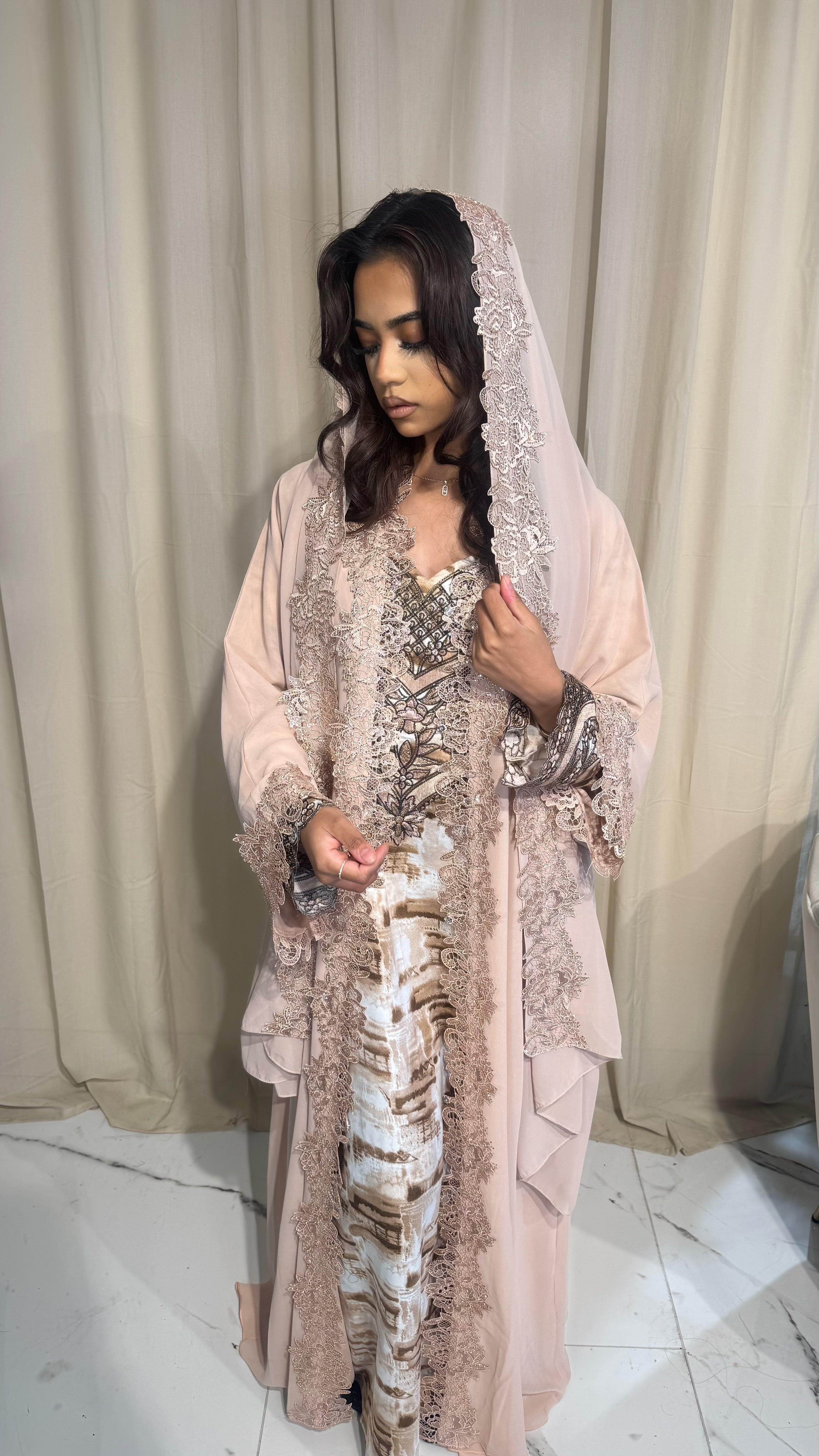 Blush Beige Double Chiffon Abaya & Lace Hijab