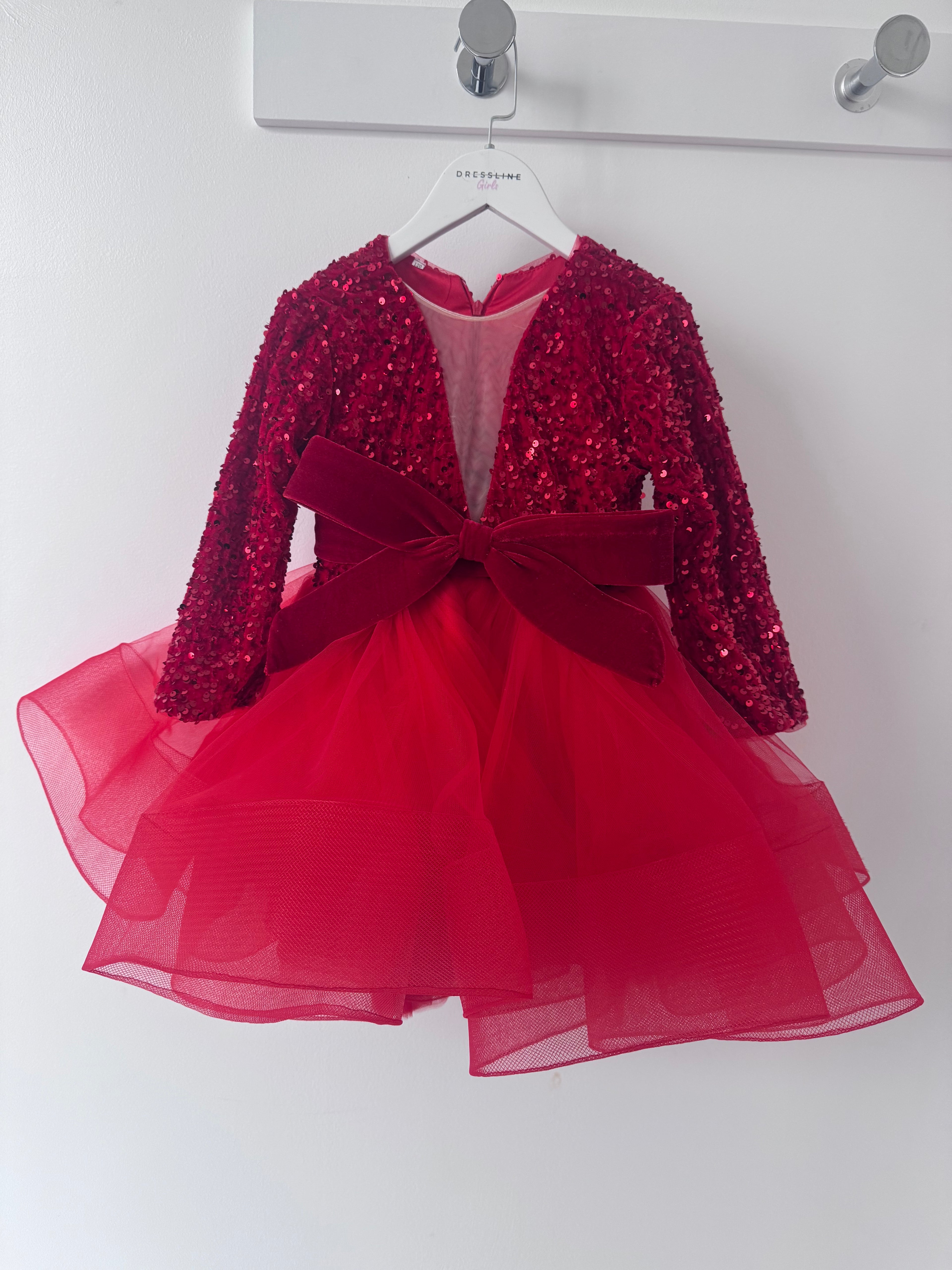 Red sequin bow tulle dress
