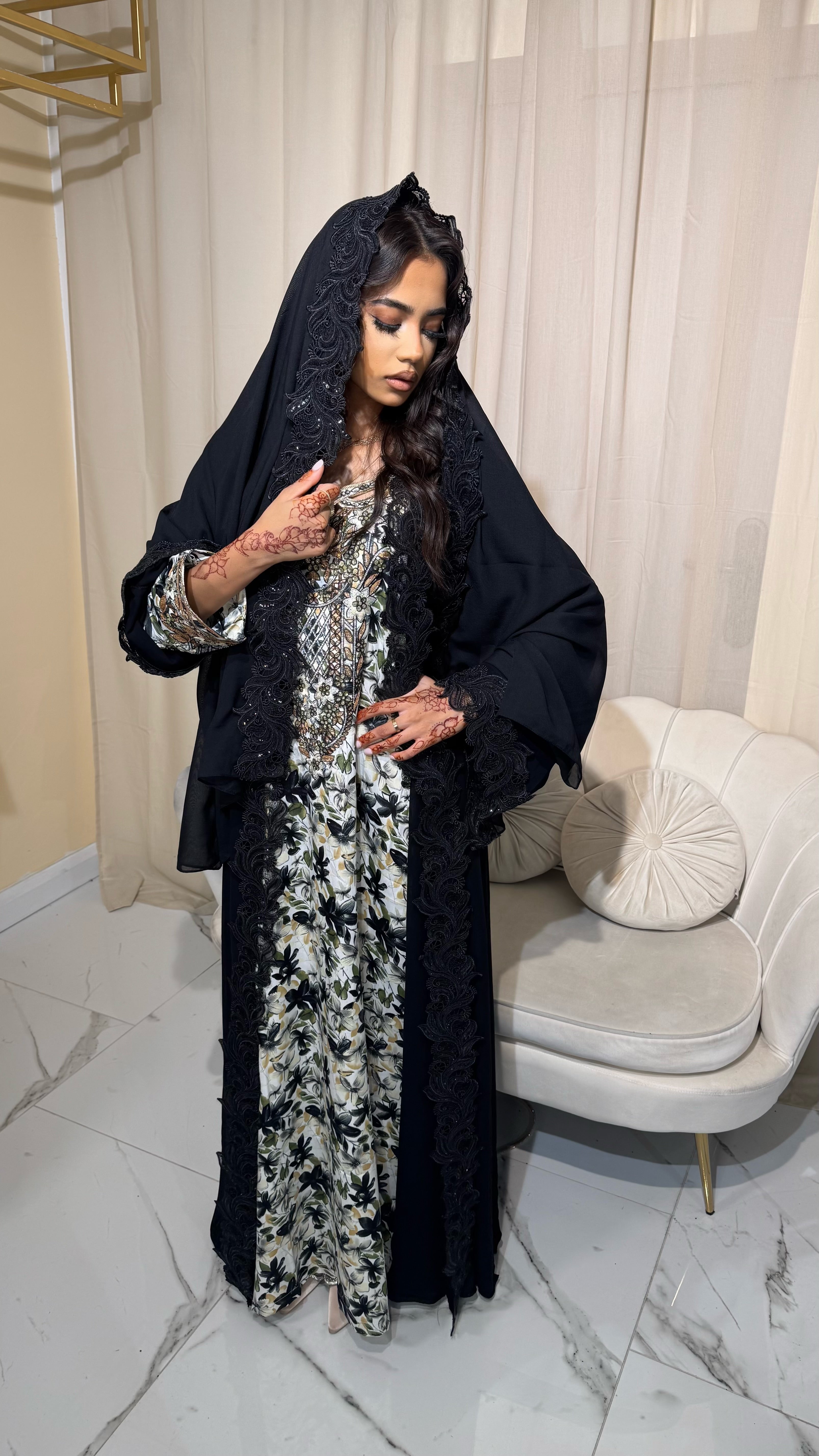 Sequin Lace Double Chiffon Abaya With Lace Hijab
