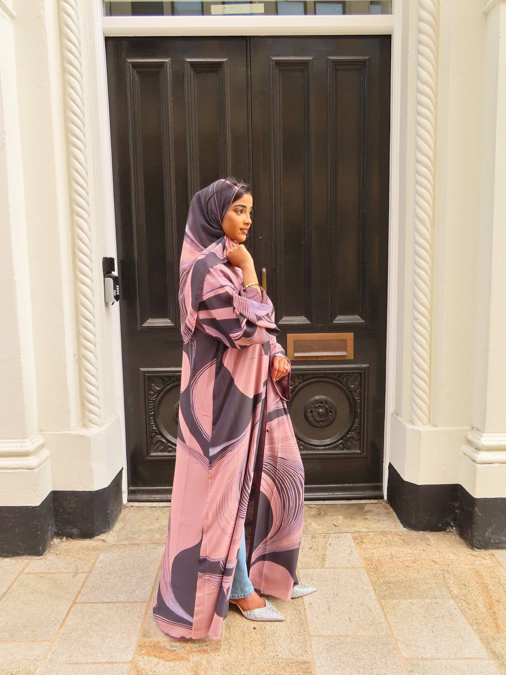 Mauve swirl Double Chiffon Abaya & Hijab