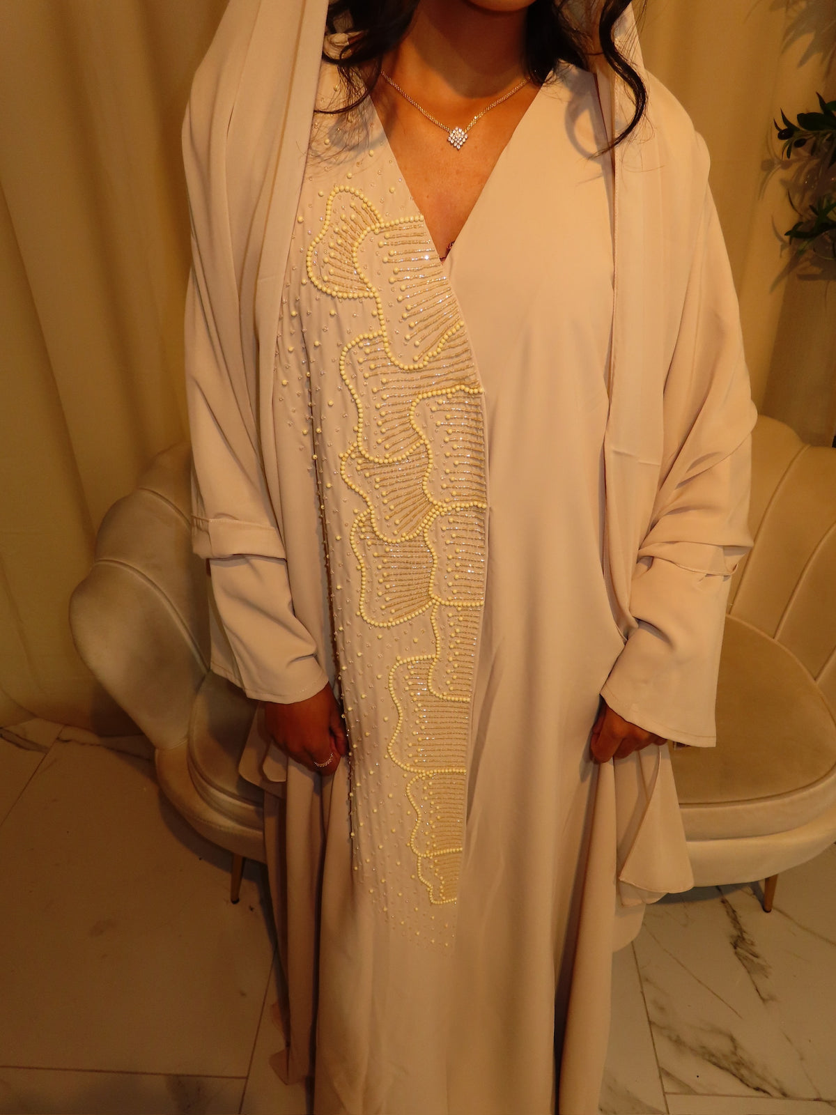 Beige Embellished Abaya & Hijab