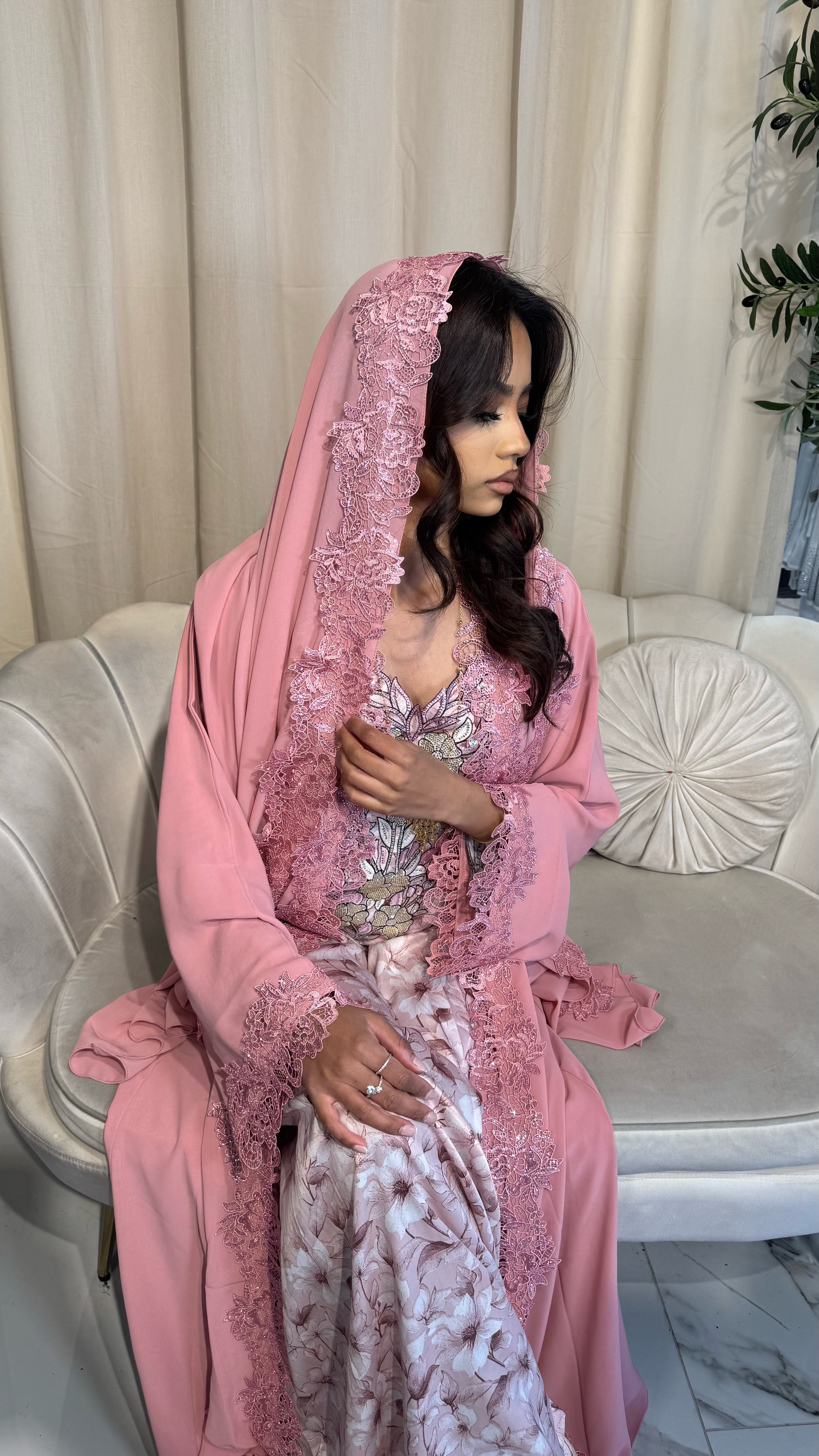 Barbie Pink Double Chiffon Abaya & Lace Hijab