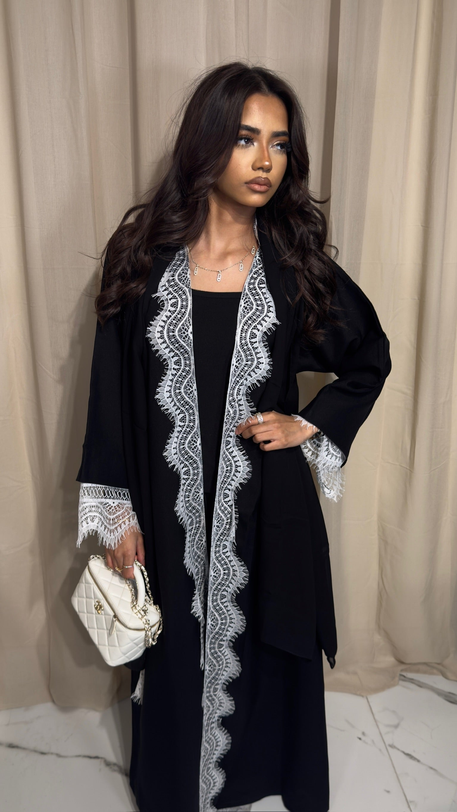 Black Abaya with White lace & Lace Hijab