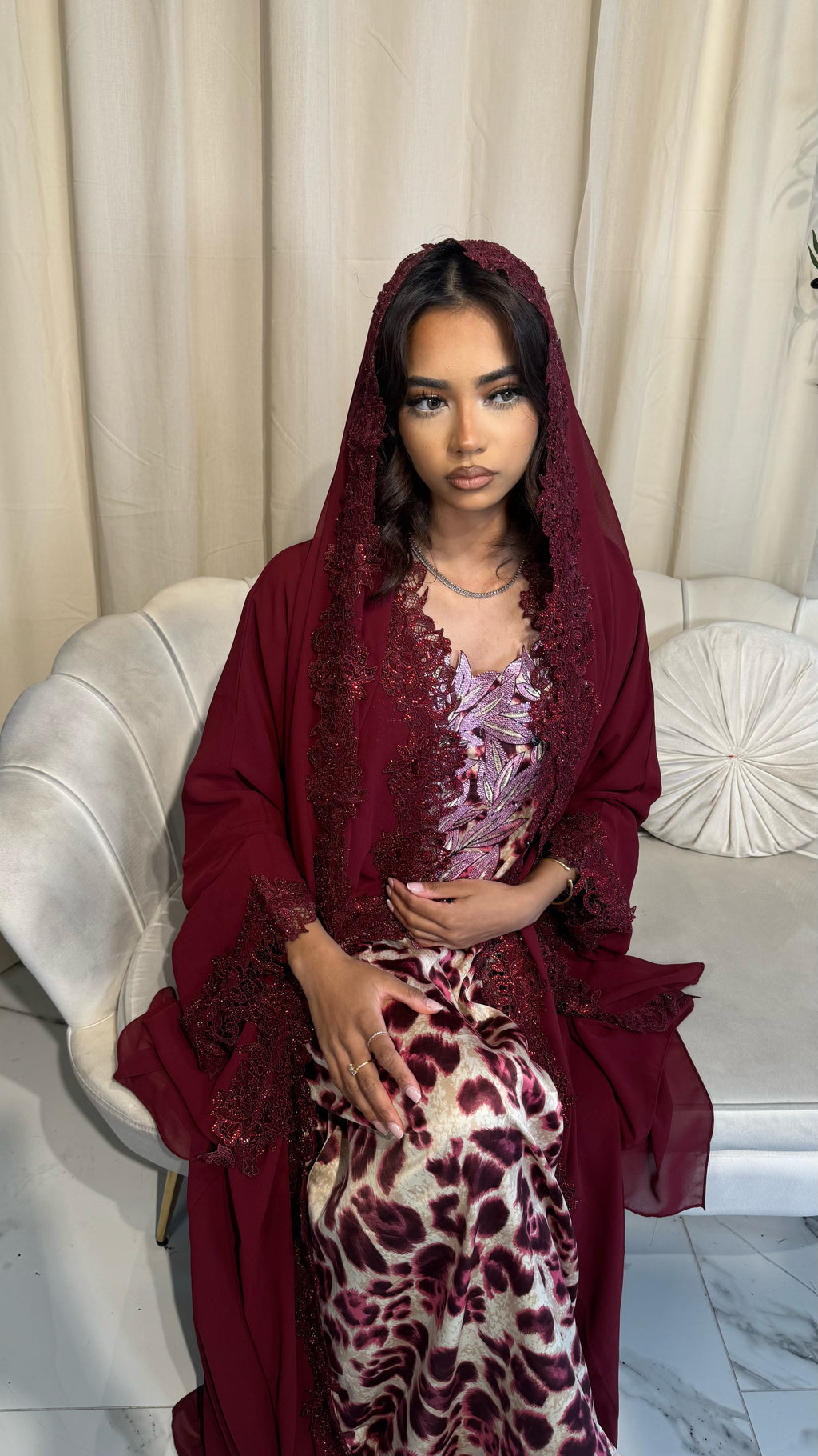 Maroon/Burgundy Double Chiffon Lace abaya & Lace Hijab