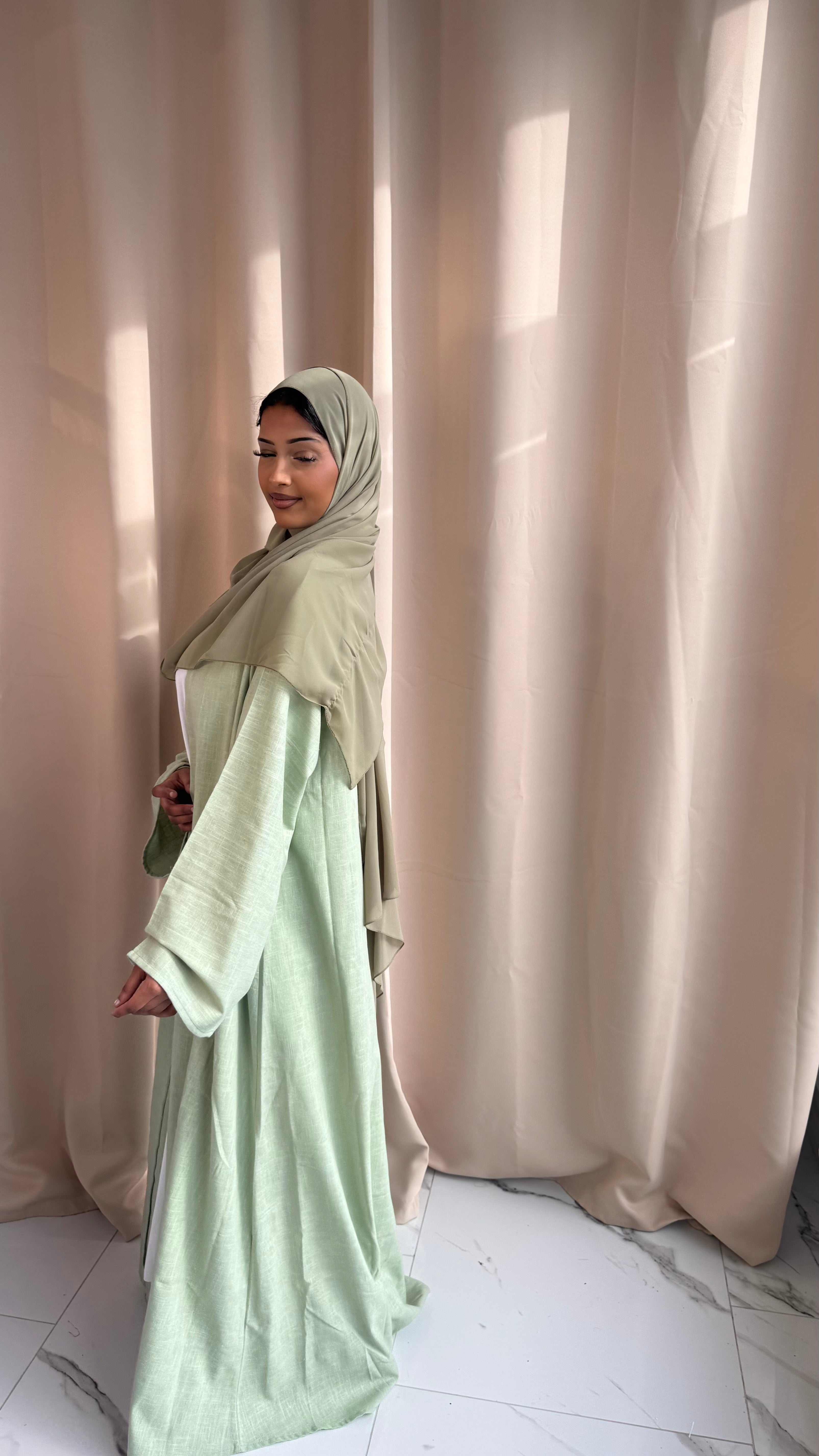 Pure linen Sage Green Abaya Set