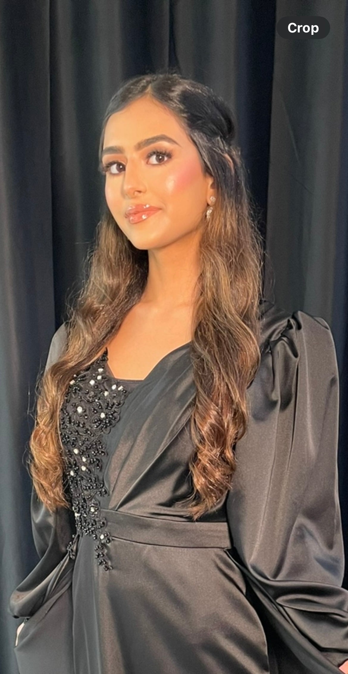 Long sleeve satin dress with overskirt