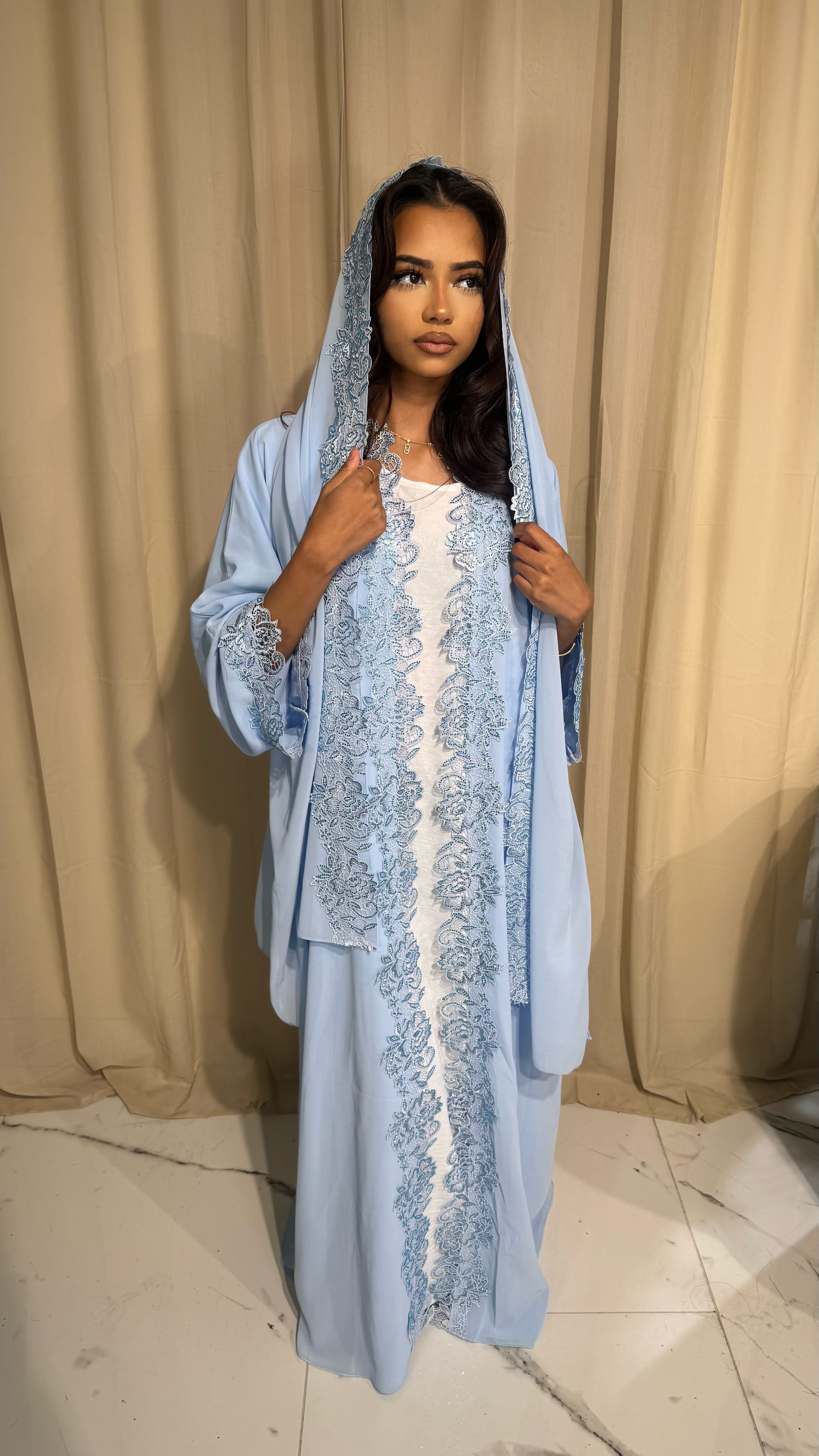 Baby Blue Double Chiffon Abaya & Lace Hijab
