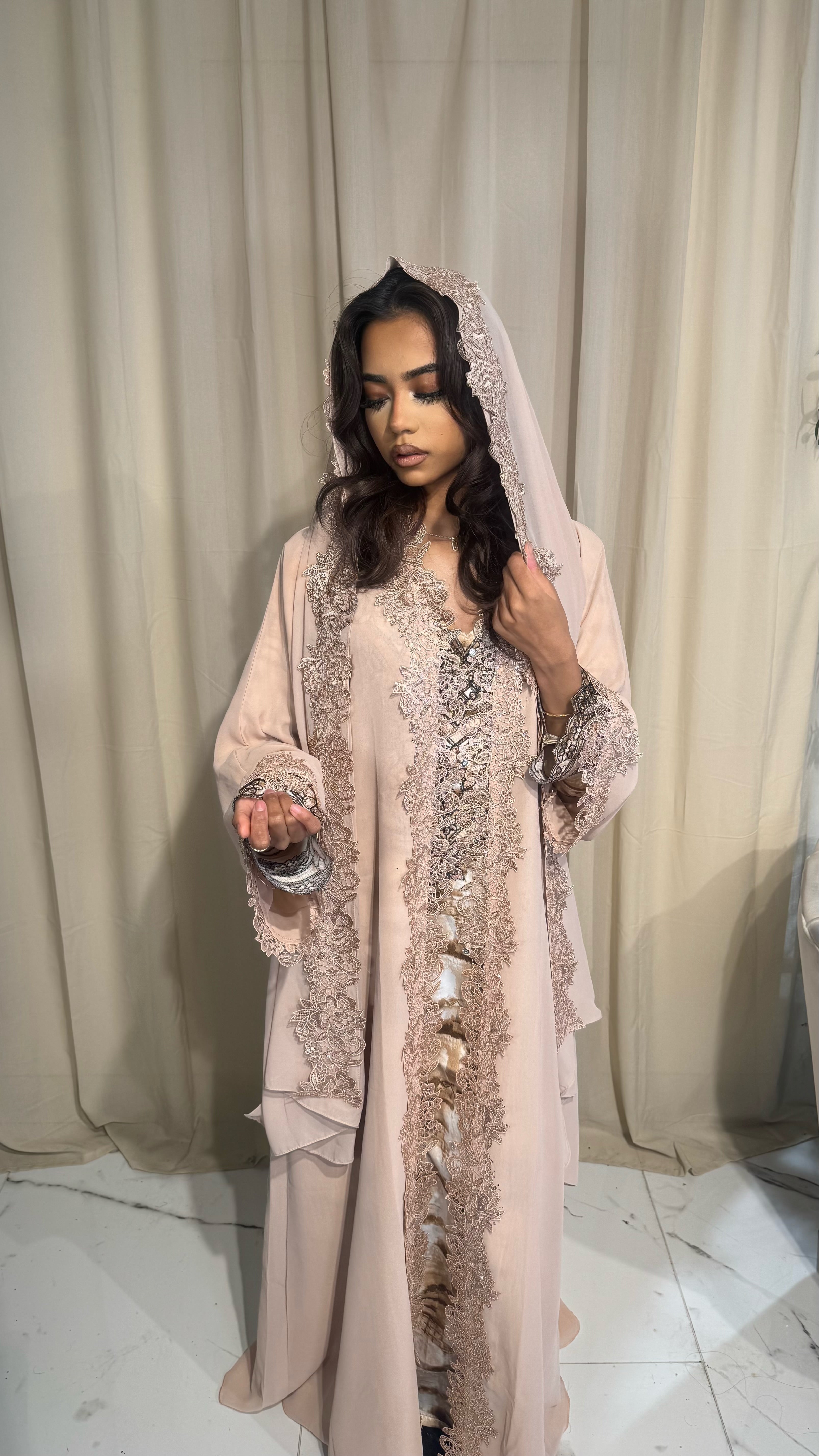 Blush Beige Double Chiffon Abaya & Lace Hijab – Dressline Arabia