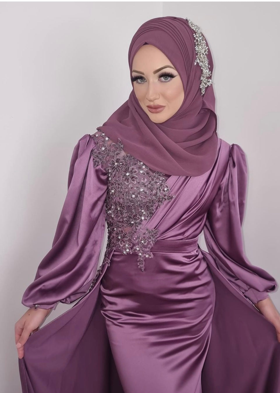 Long sleeve satin dress with overskirt