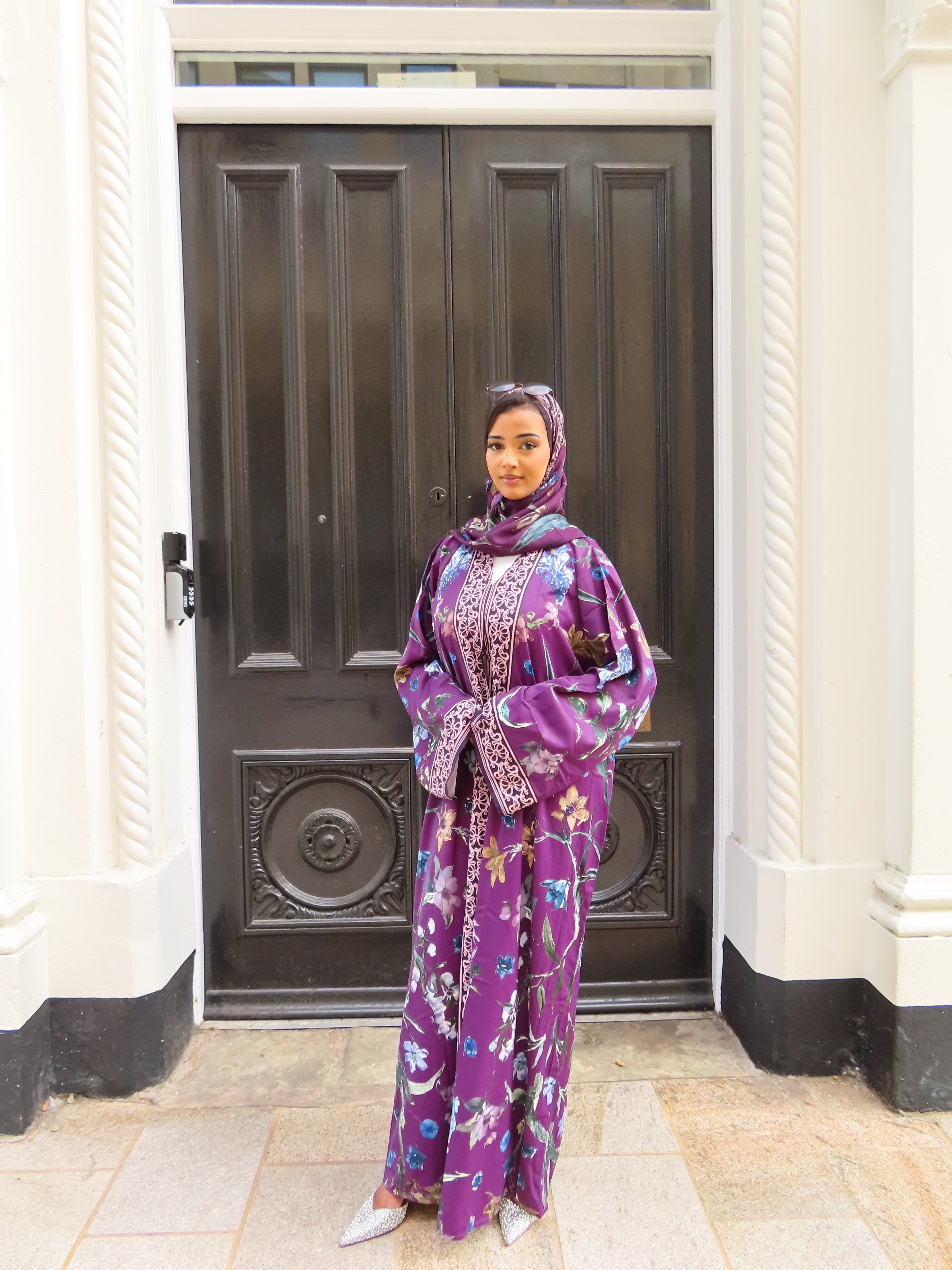 Purple Floral Silk Abaya & Hijab
