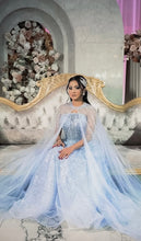 Load image into Gallery viewer, Blue embellished dress with cape
