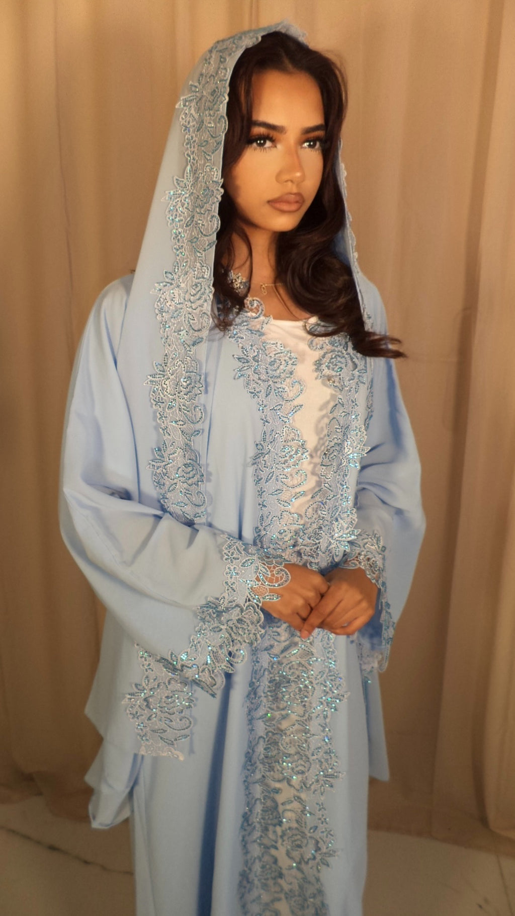Baby Blue Double Chiffon Abaya & Lace Hijab