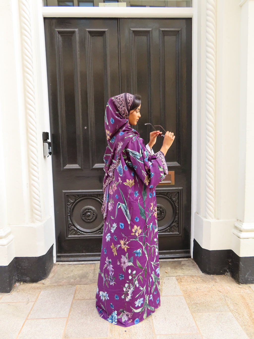 Purple Floral Silk Abaya & Hijab