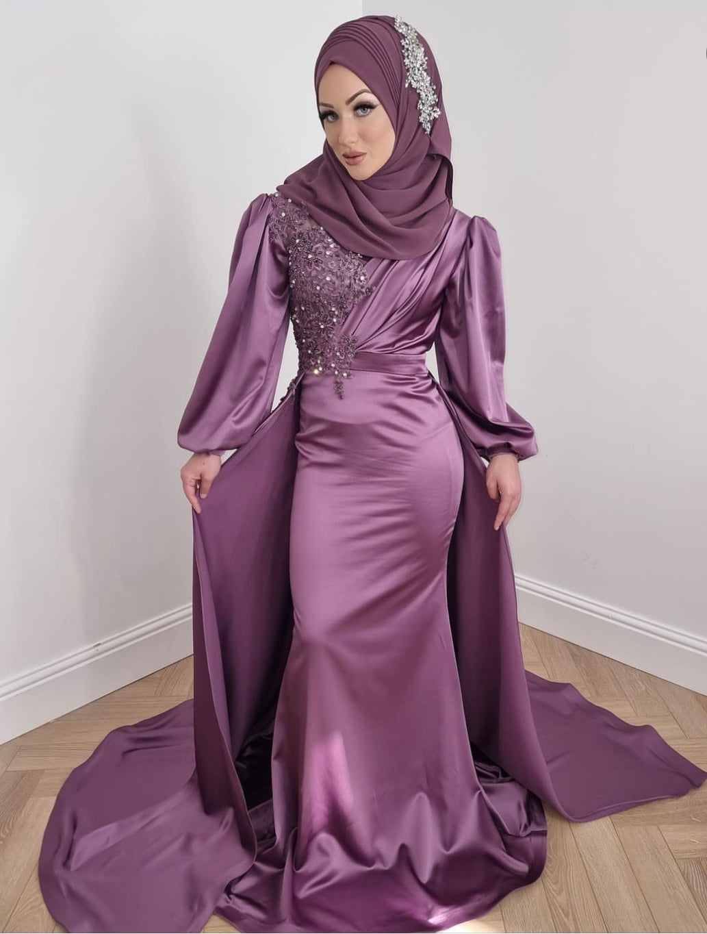 Long sleeve satin dress with overskirt