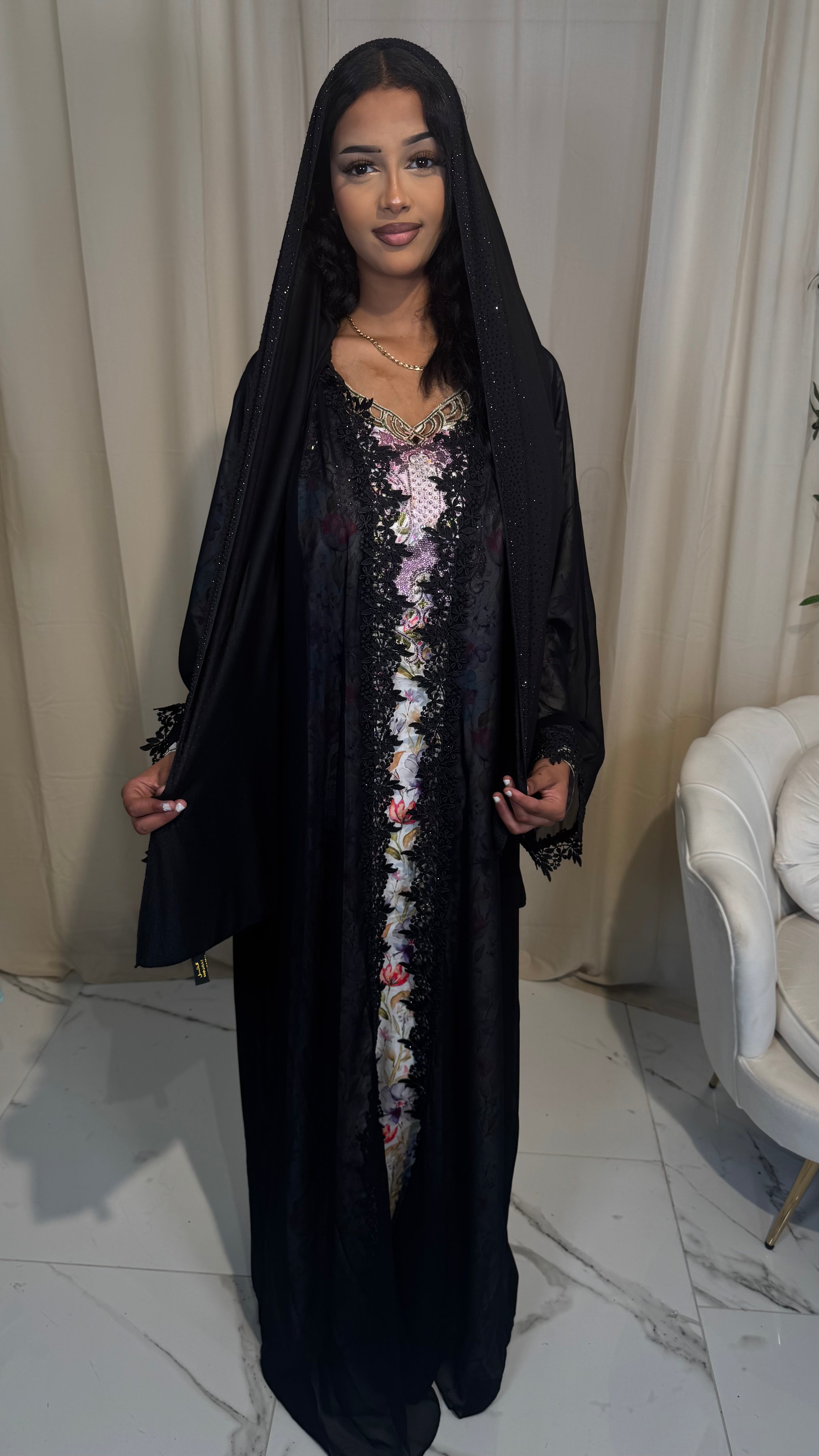 Single chiffon Abaya & Scarf (flower)