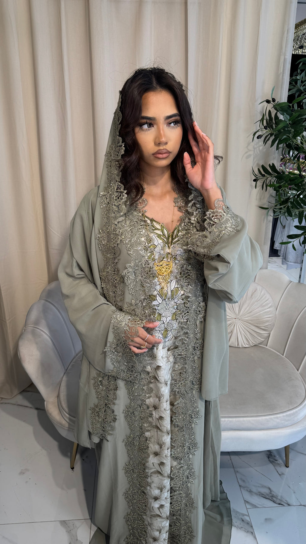 Sage Green Double Chiffon Lace Abaya & Lace Hijab