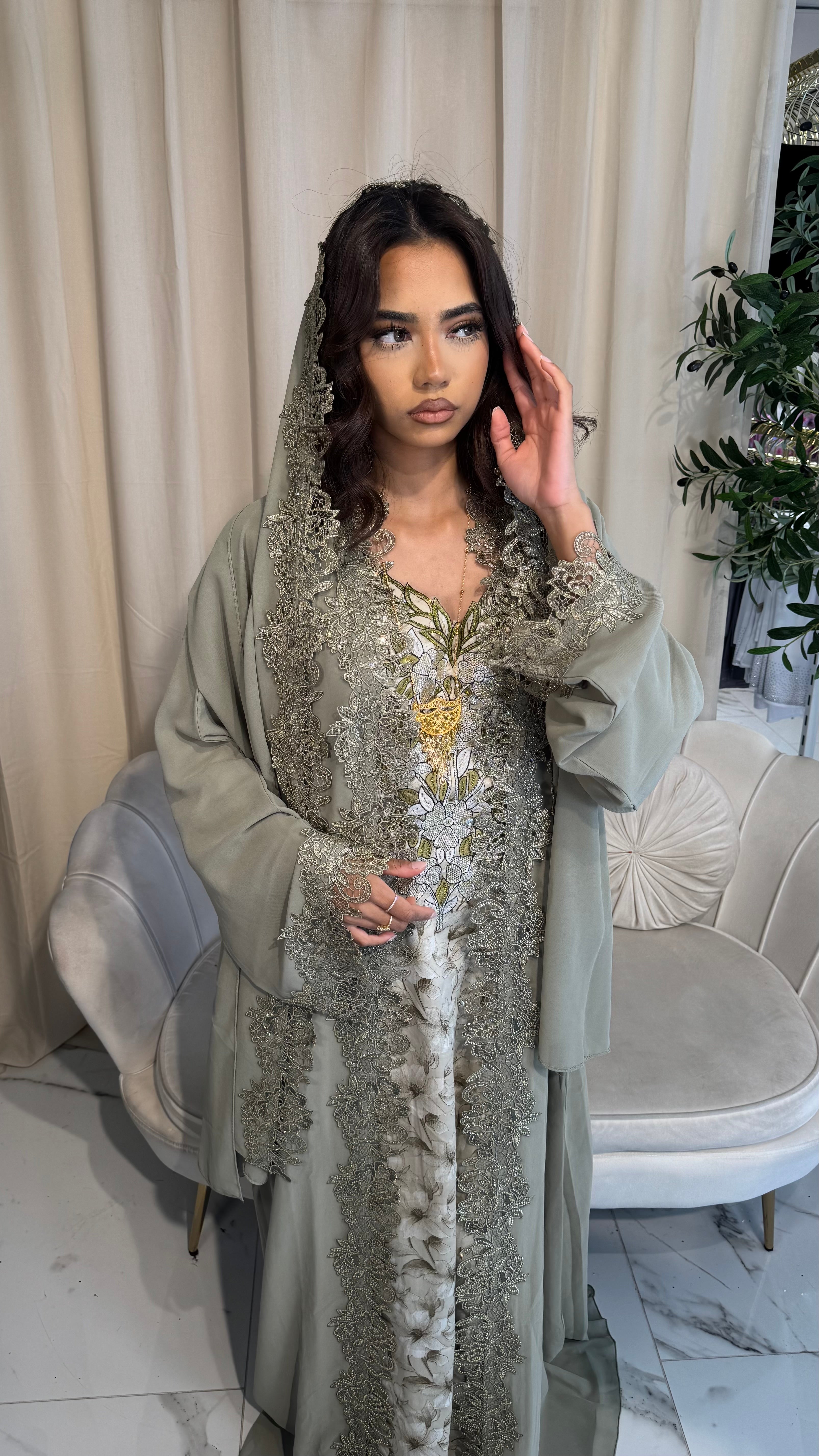 Sage Green Double Chiffon Lace Abaya & Lace Hijab