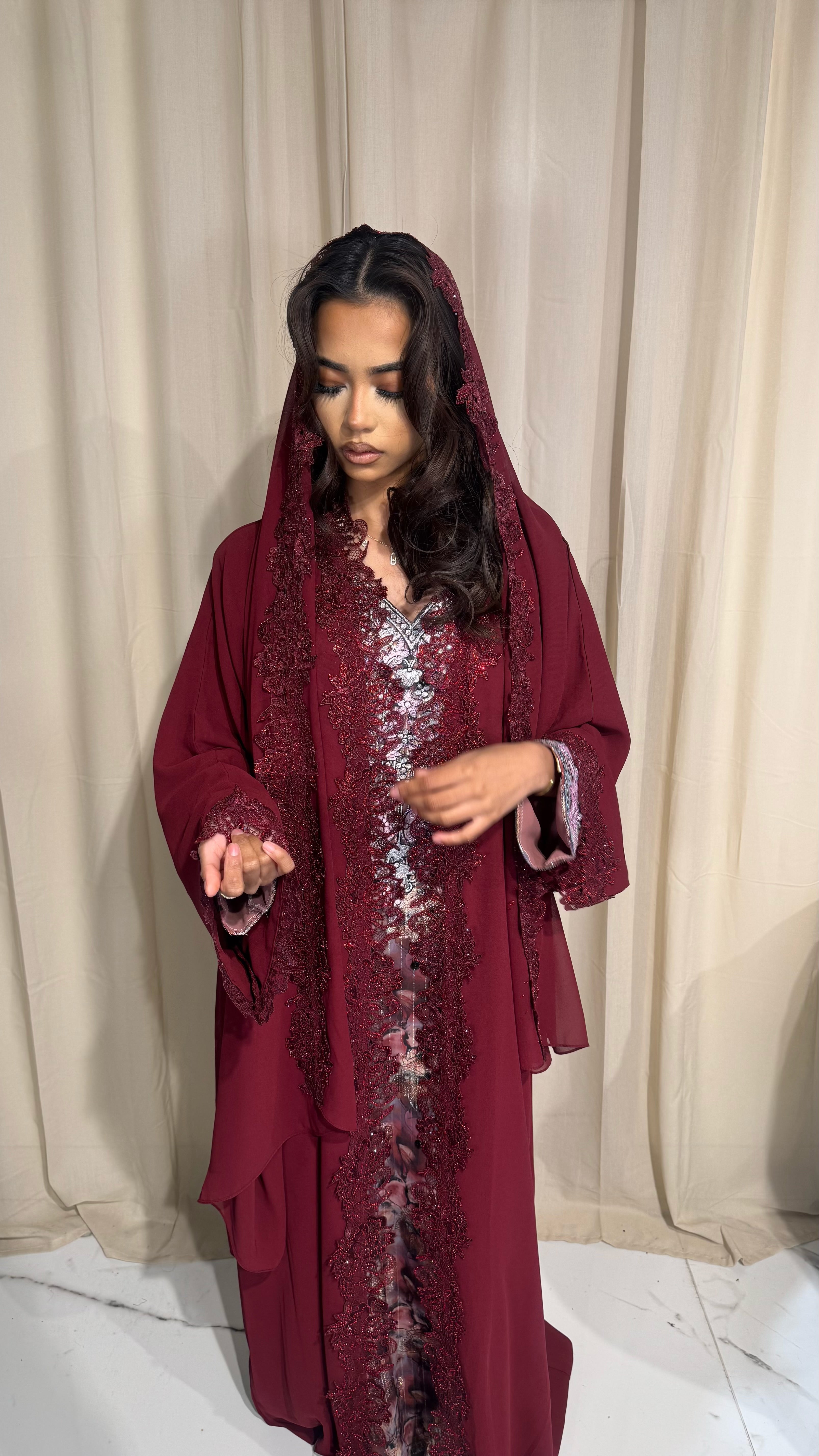 Maroon/Burgundy Double Chiffon Lace abaya & Lace Hijab