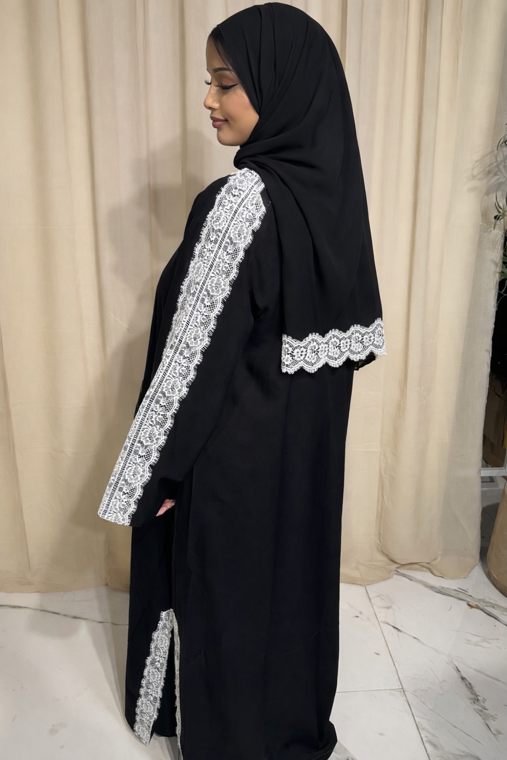 Black Abaya White Lace & Lace Hijab